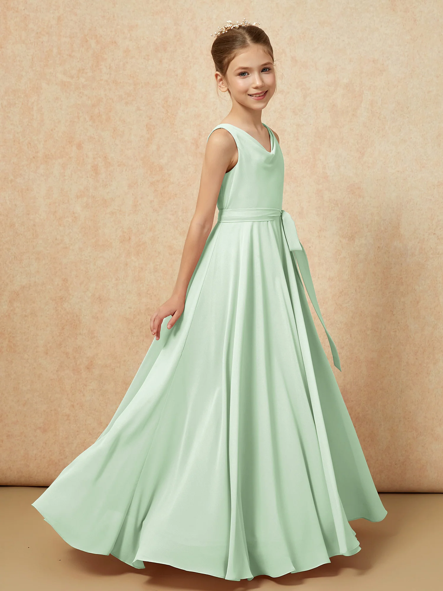 V-neck Chiffon Long Junior Bridesmaid Dress With Belt Dusty Sage - Image 3