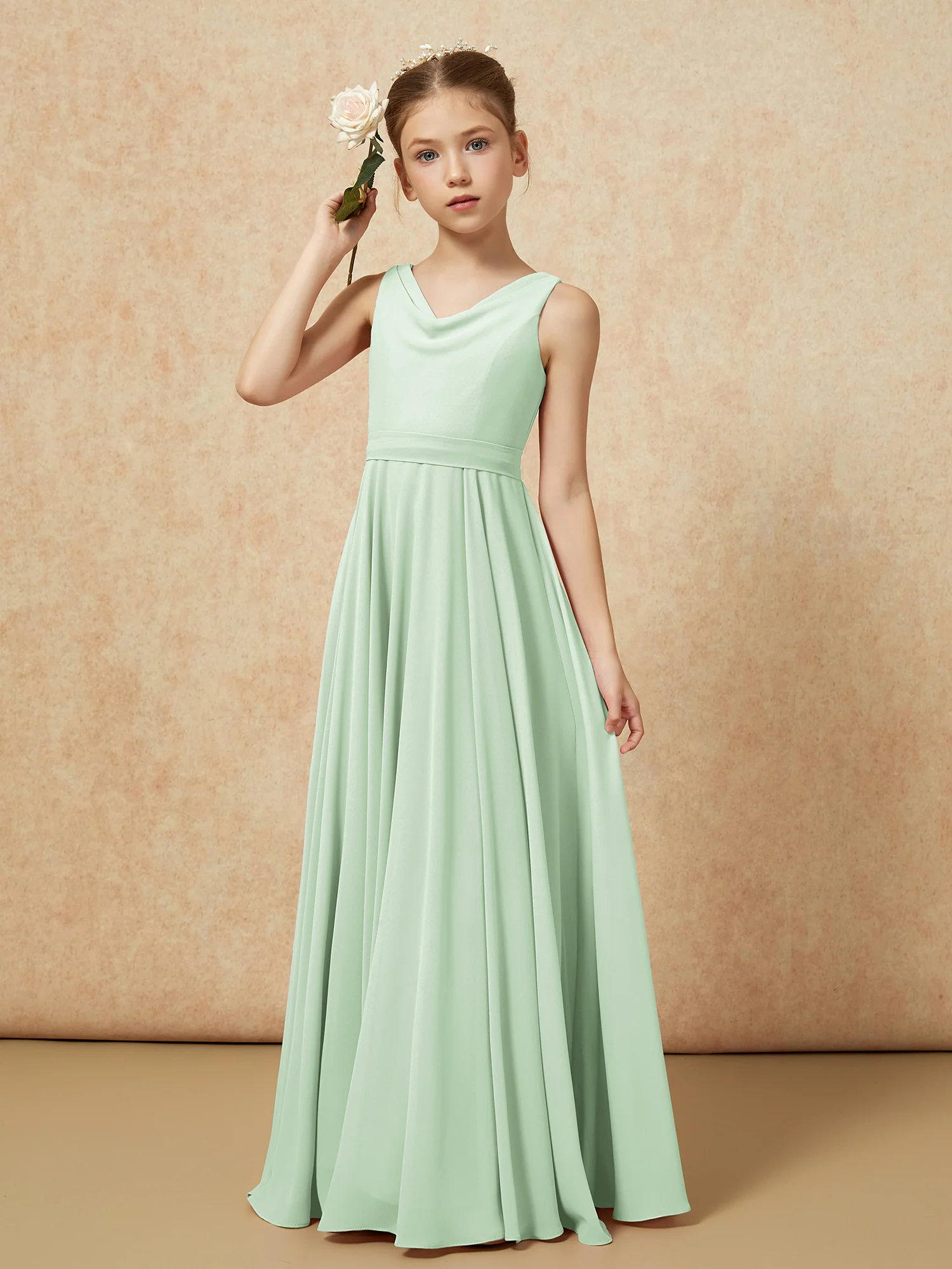 V-neck Chiffon Long Junior Bridesmaid Dress With Belt Dusty Sage - Image 4