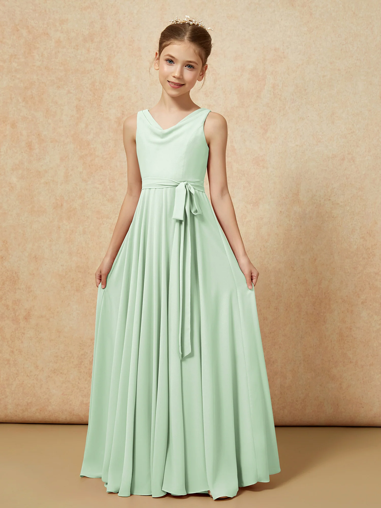 V-neck Chiffon Long Junior Bridesmaid Dress With Belt Dusty Sage - Image 5
