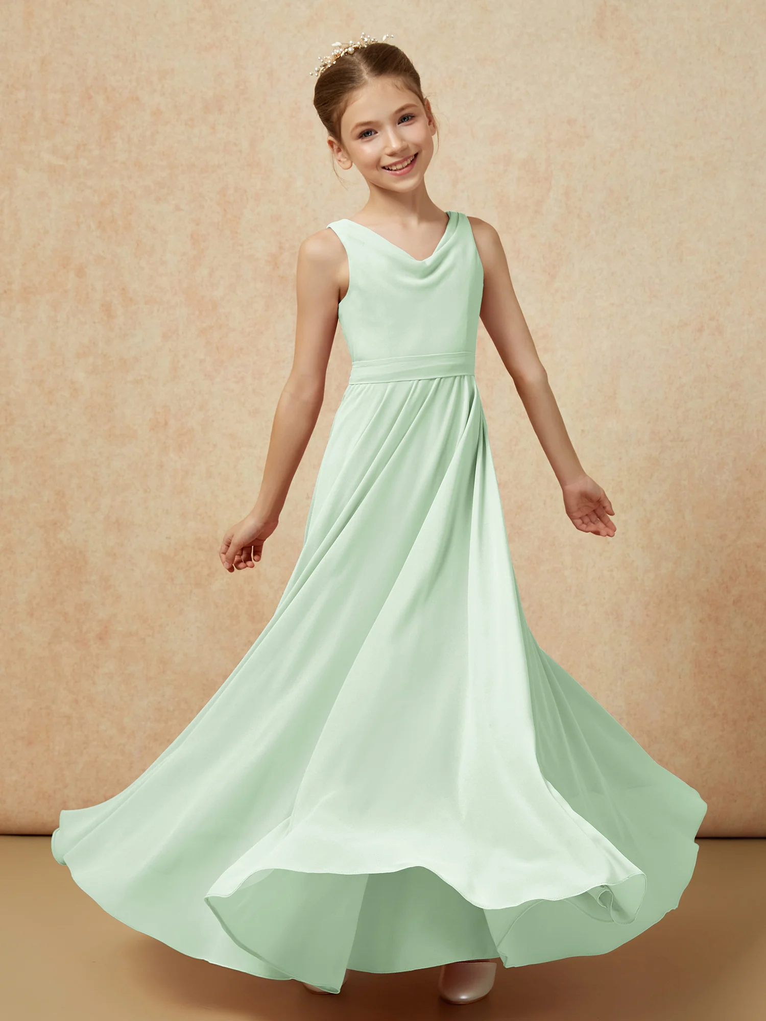 V-neck Chiffon Long Junior Bridesmaid Dress With Belt Dusty Sage - Image 6