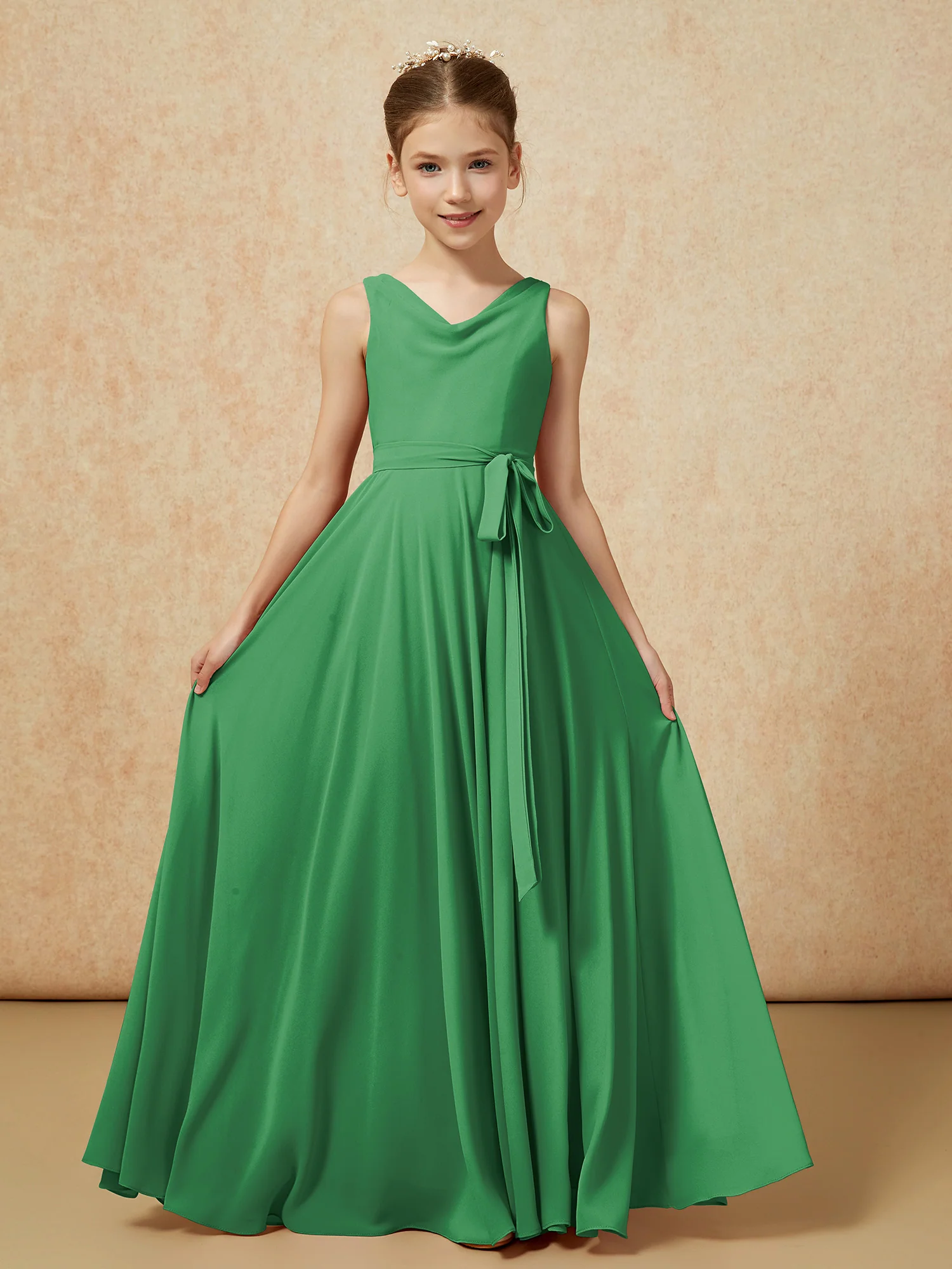 V-neck Chiffon Long Junior Bridesmaid Dress With Belt Emerald