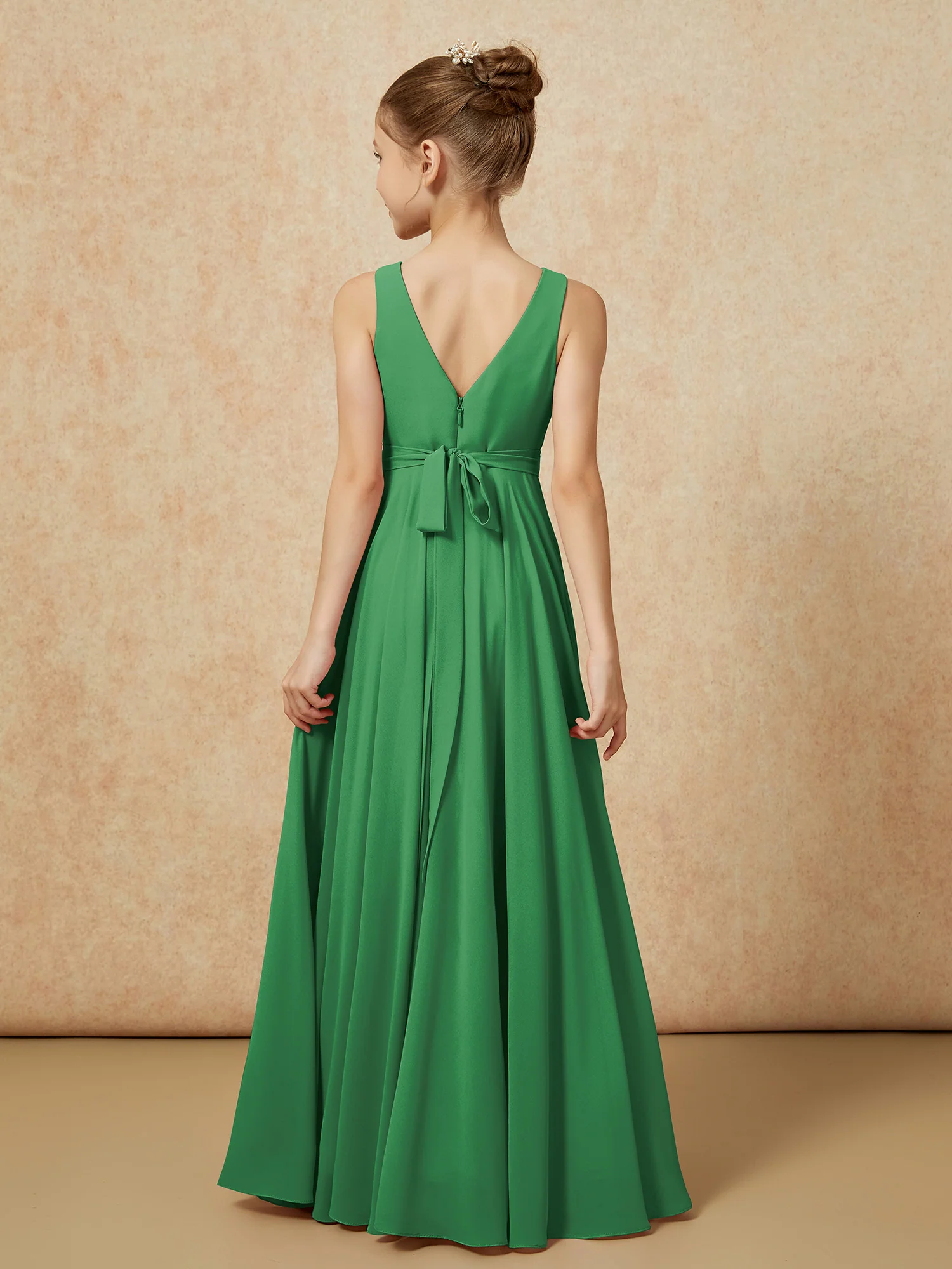 V-neck Chiffon Long Junior Bridesmaid Dress With Belt Emerald - Image 2