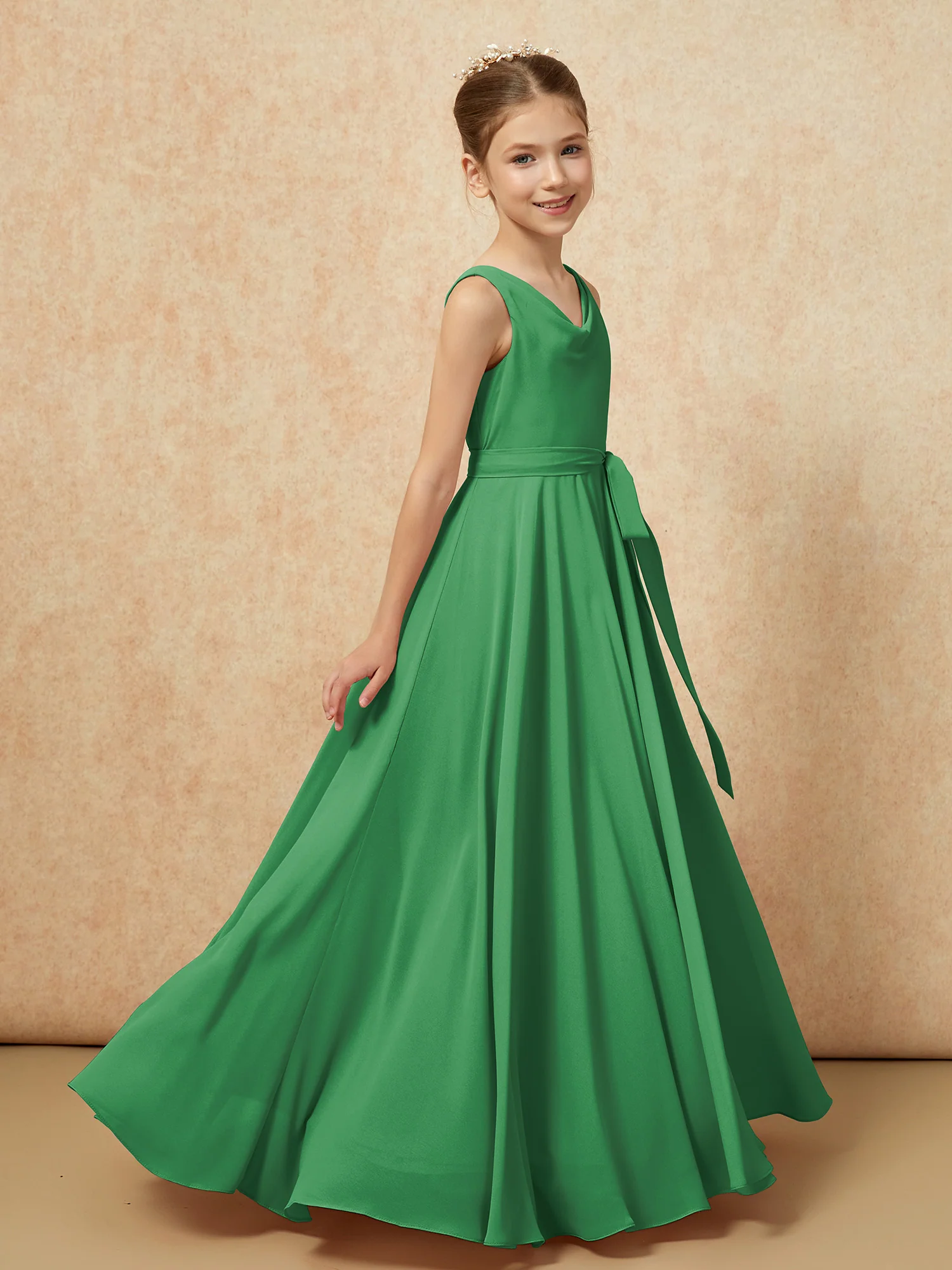 V-neck Chiffon Long Junior Bridesmaid Dress With Belt Emerald - Image 3