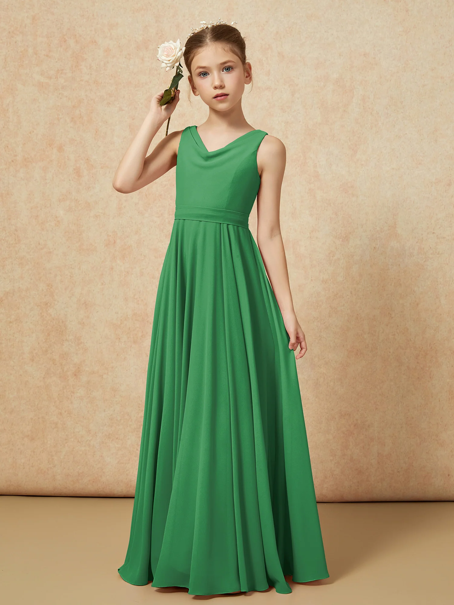 V-neck Chiffon Long Junior Bridesmaid Dress With Belt Emerald - Image 4