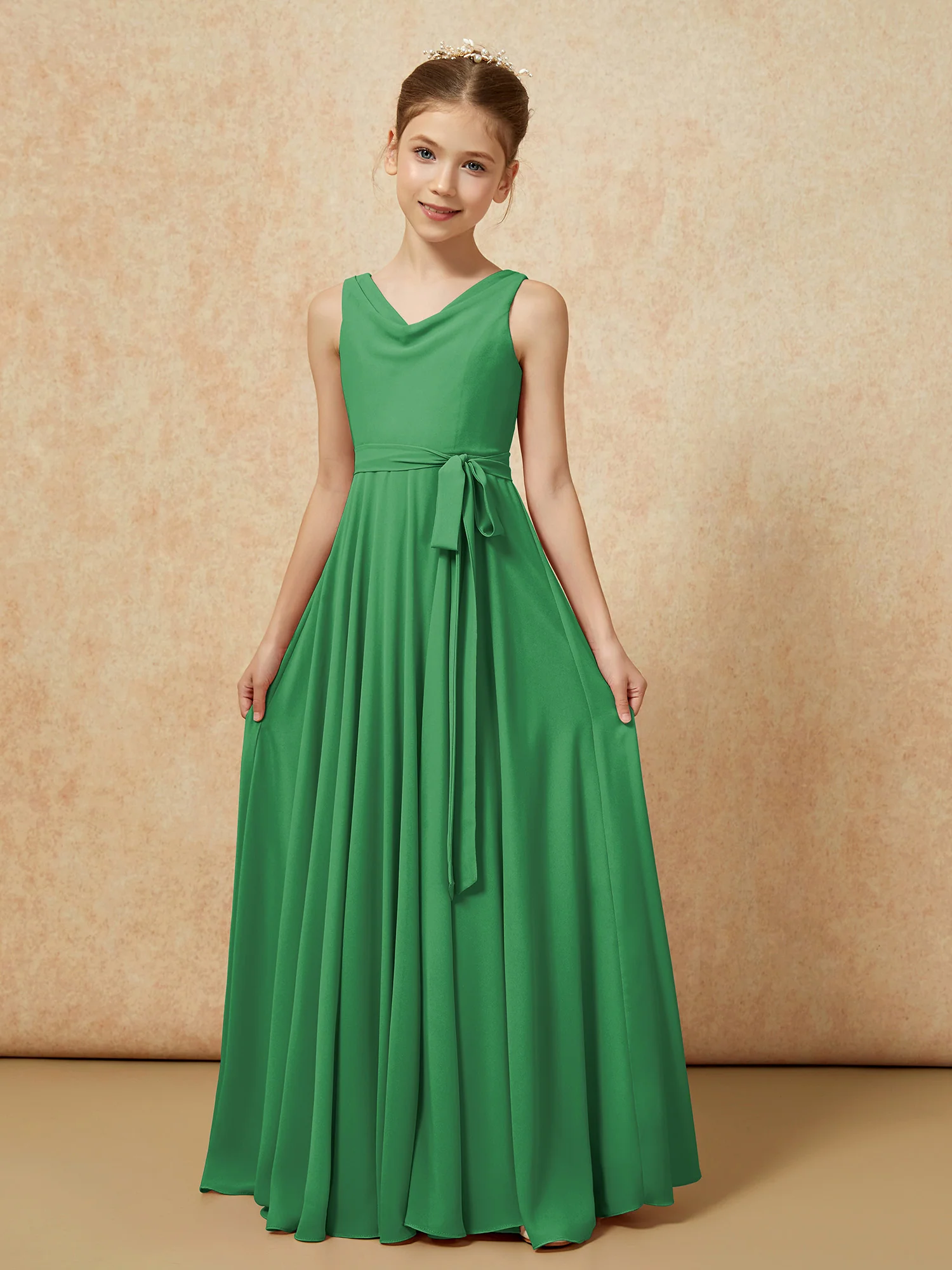 V-neck Chiffon Long Junior Bridesmaid Dress With Belt Emerald - Image 5