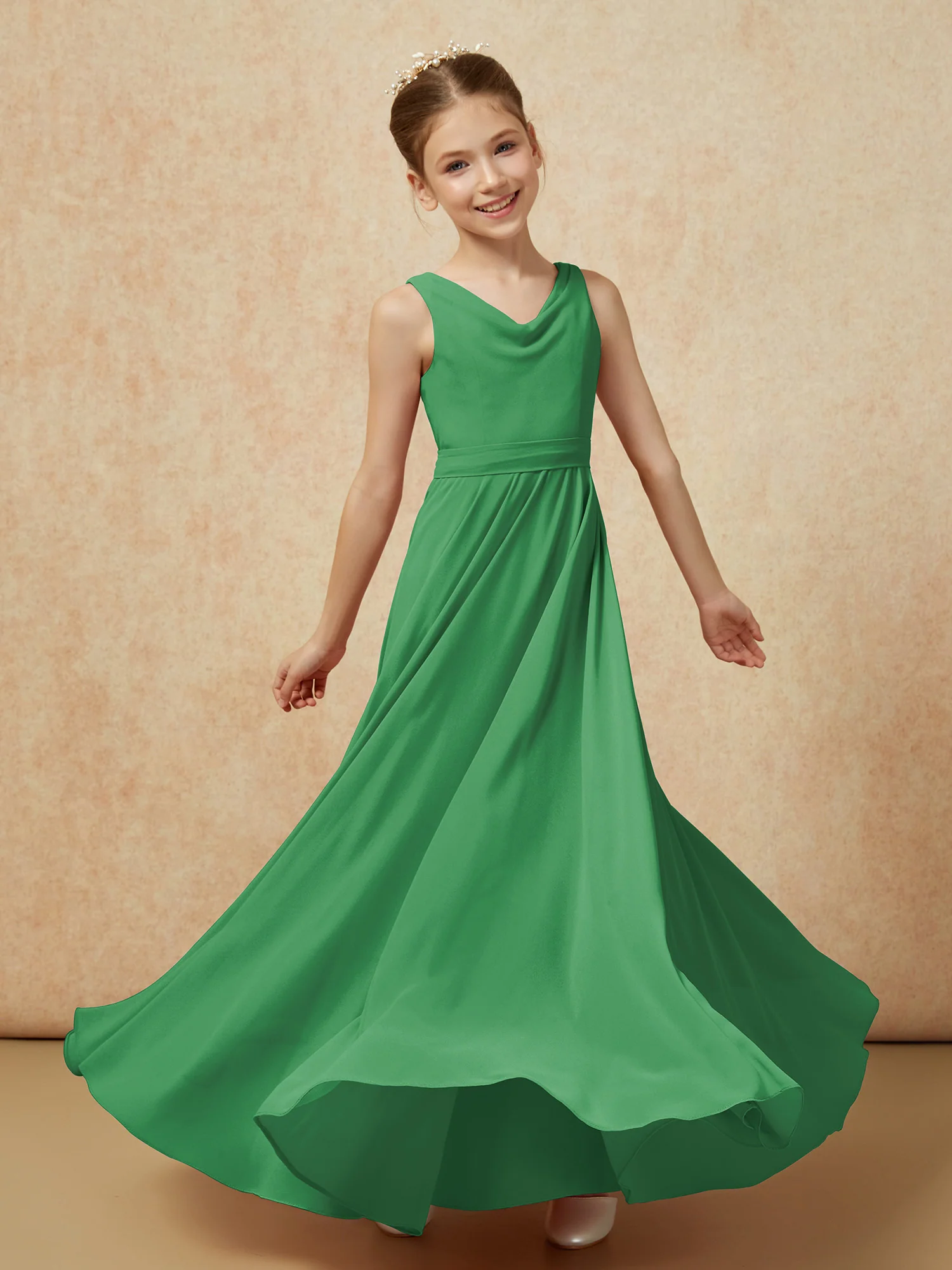 V-neck Chiffon Long Junior Bridesmaid Dress With Belt Emerald - Image 6