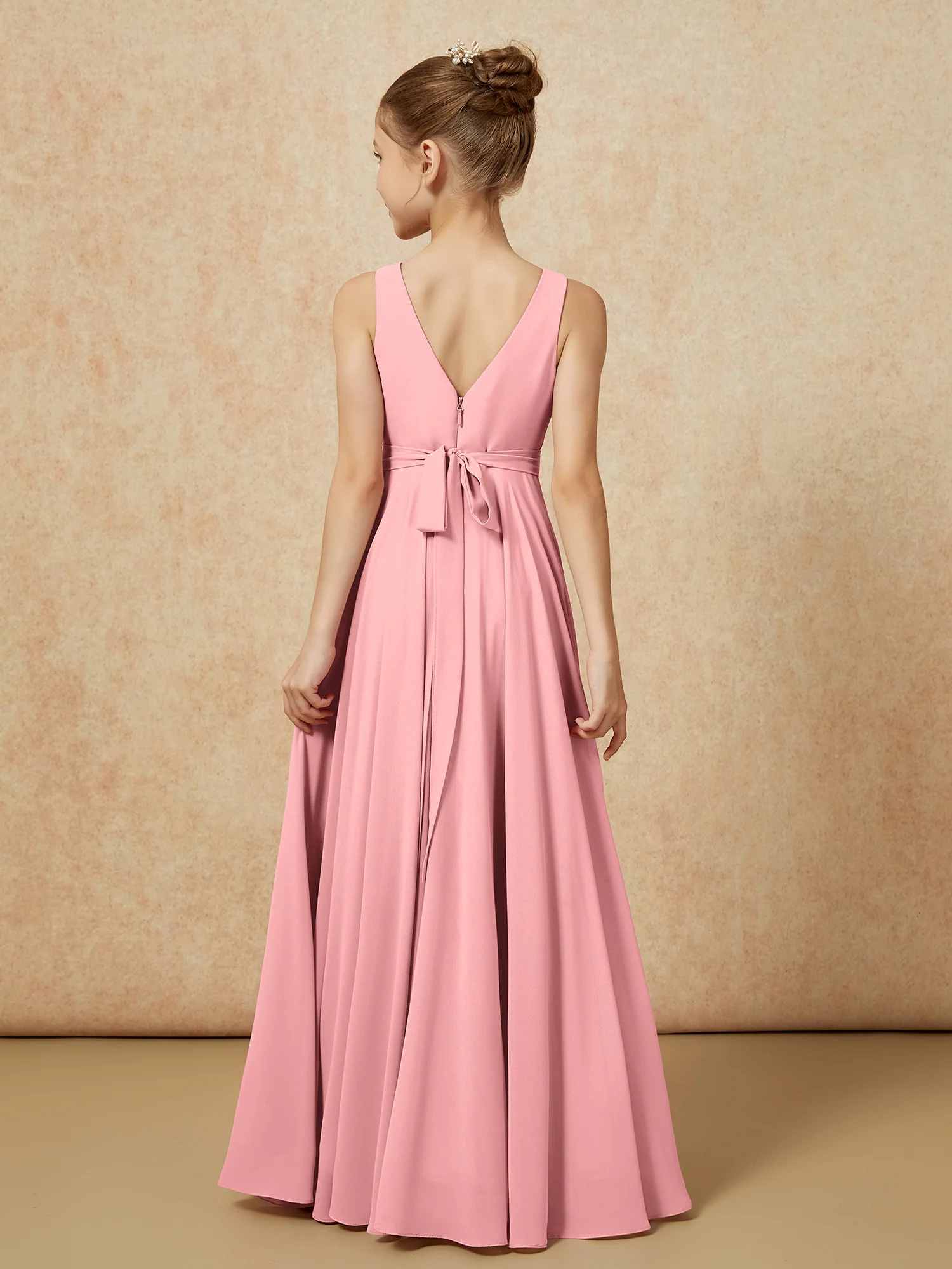 V-neck Chiffon Long Junior Bridesmaid Dress With Belt Flamingo - Image 2