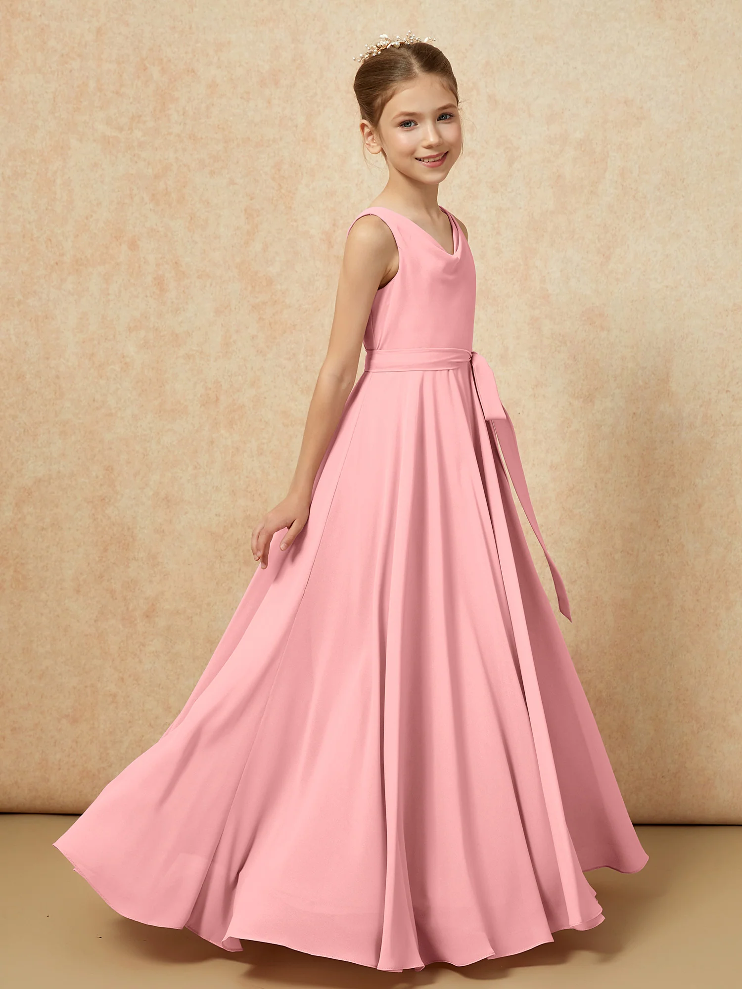 V-neck Chiffon Long Junior Bridesmaid Dress With Belt Flamingo - Image 3