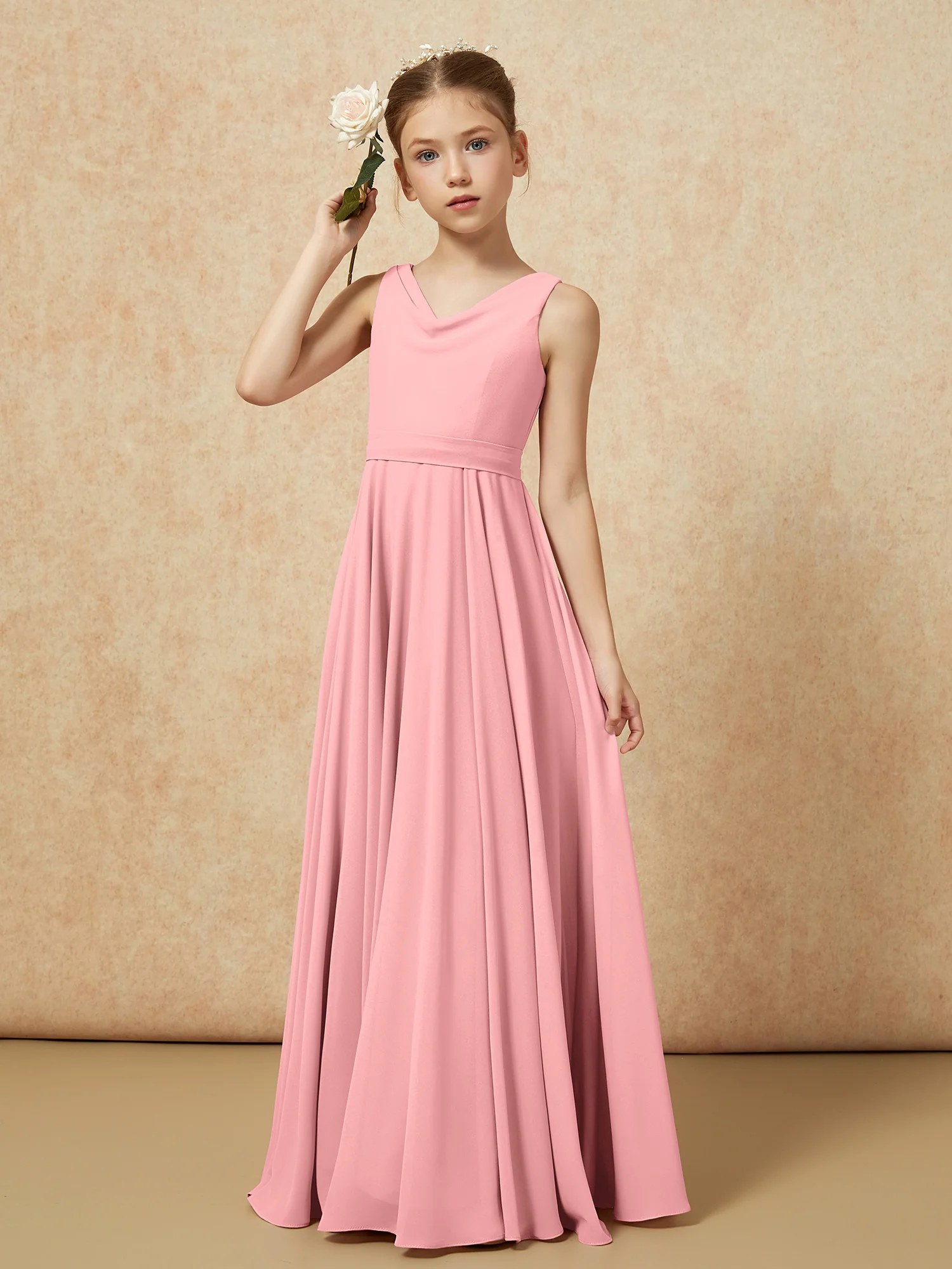 V-neck Chiffon Long Junior Bridesmaid Dress With Belt Flamingo - Image 4
