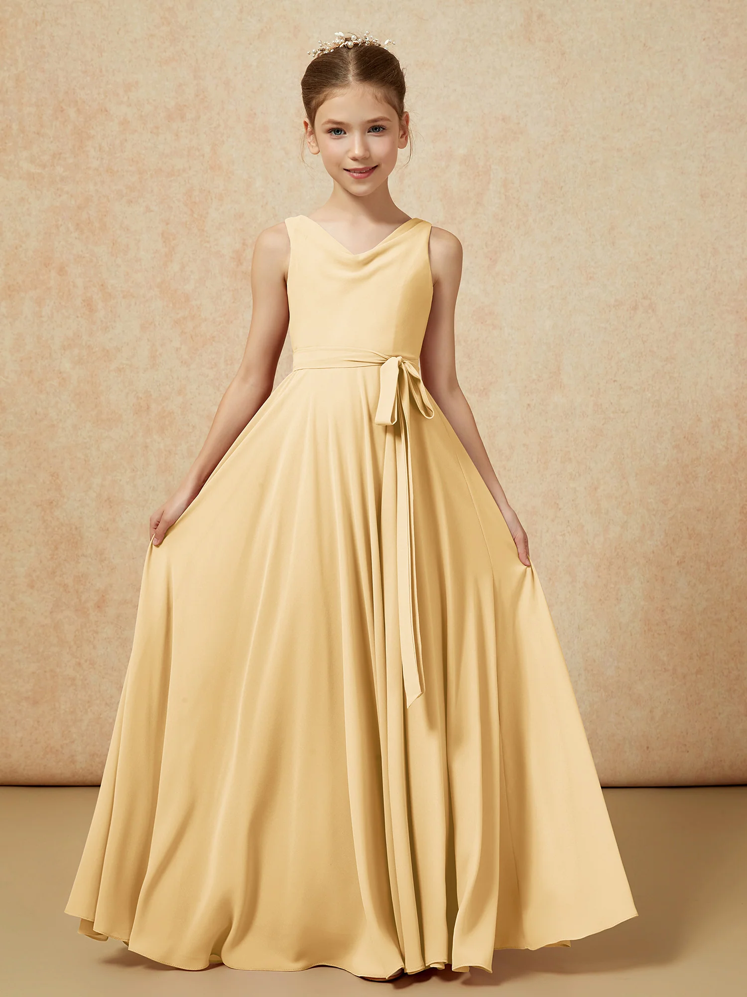V-neck Chiffon Long Junior Bridesmaid Dress With Belt Gold