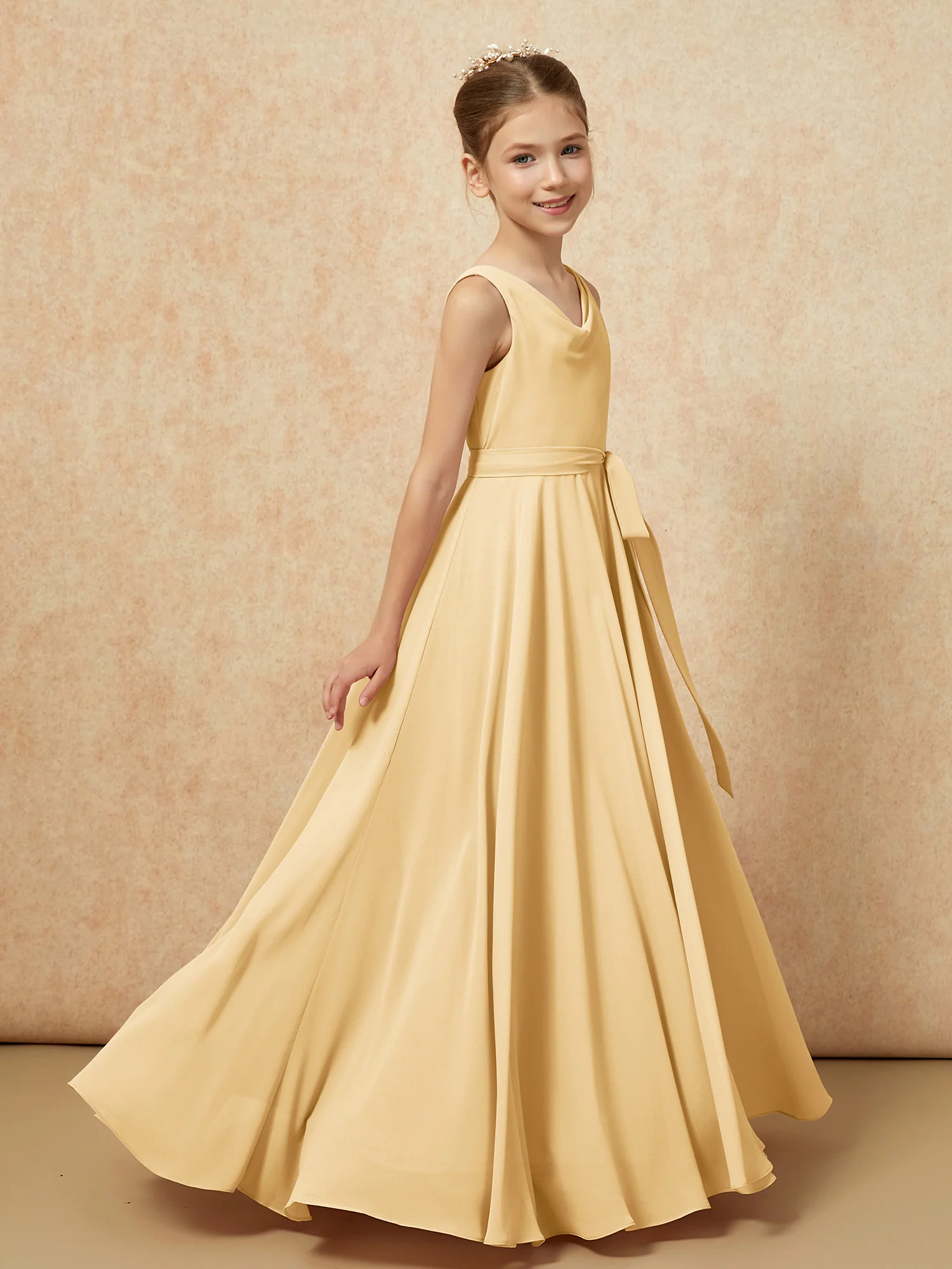 V-neck Chiffon Long Junior Bridesmaid Dress With Belt Gold - Image 3