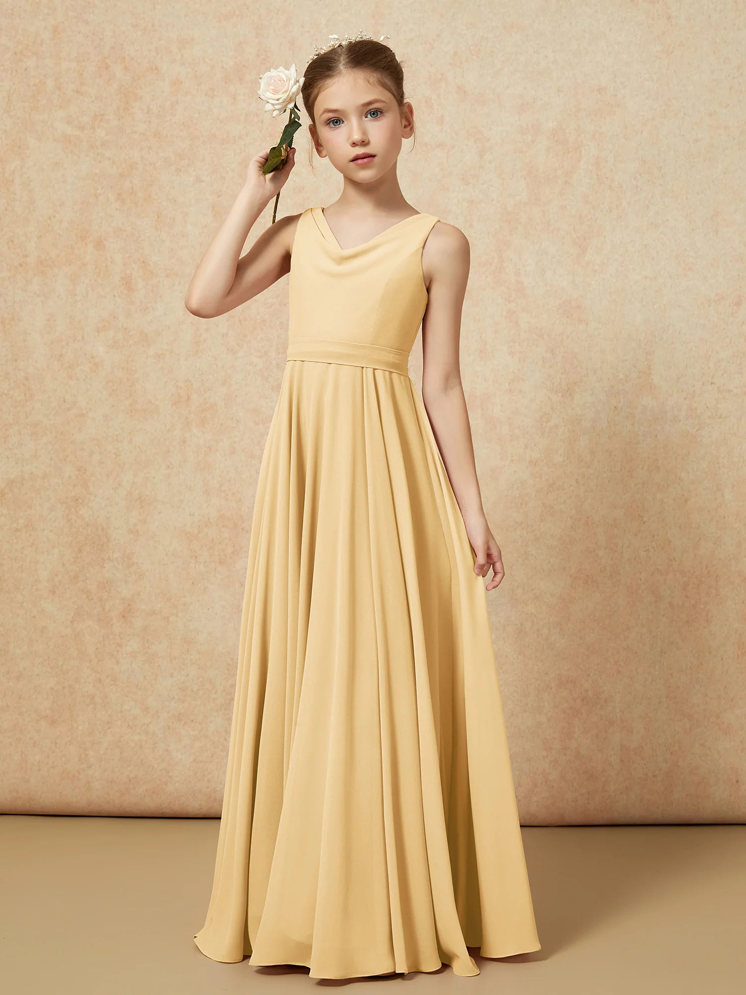 V-neck Chiffon Long Junior Bridesmaid Dress With Belt Gold - Image 4