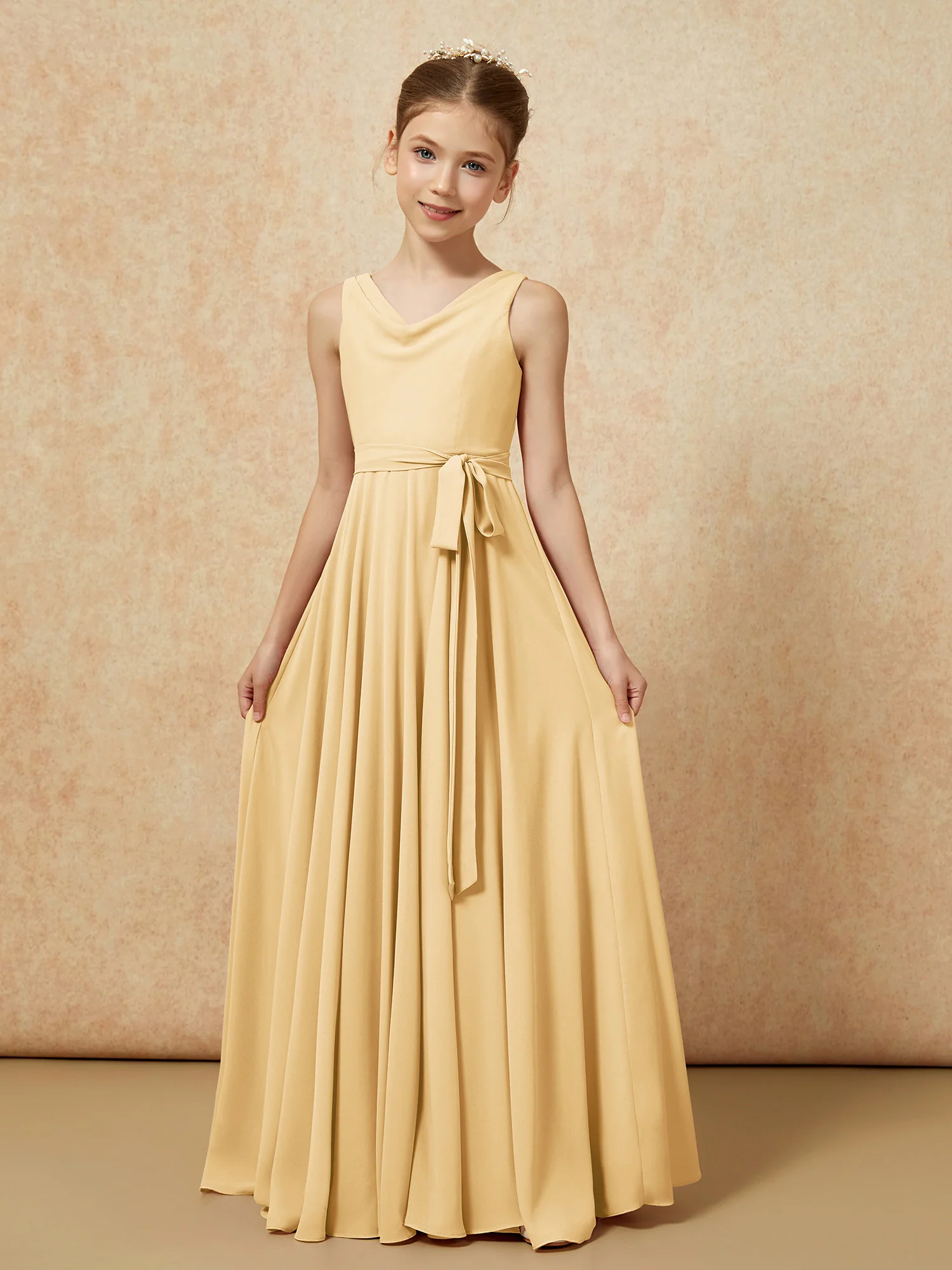 V-neck Chiffon Long Junior Bridesmaid Dress With Belt Gold - Image 5