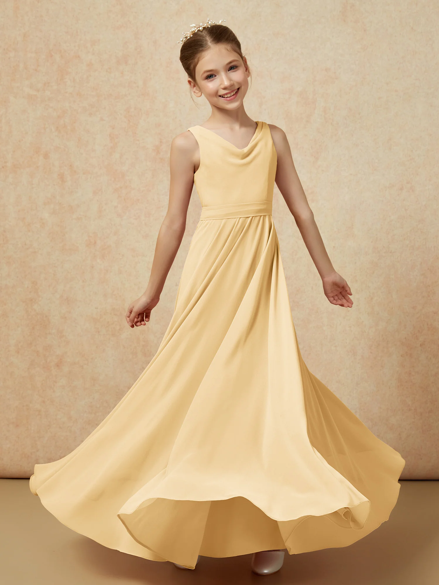 V-neck Chiffon Long Junior Bridesmaid Dress With Belt Gold - Image 6