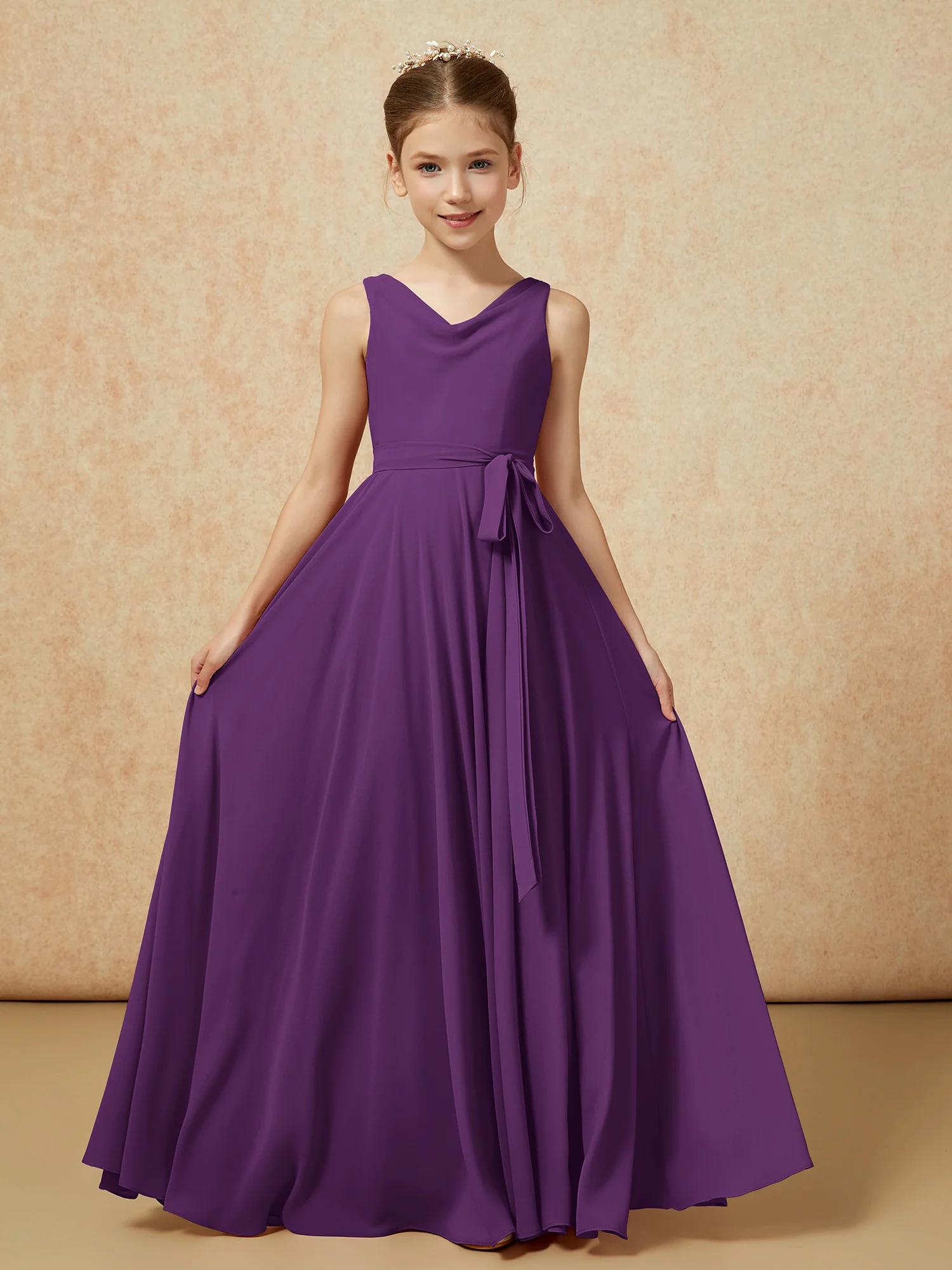 V-neck Chiffon Long Junior Bridesmaid Dress With Belt Grape
