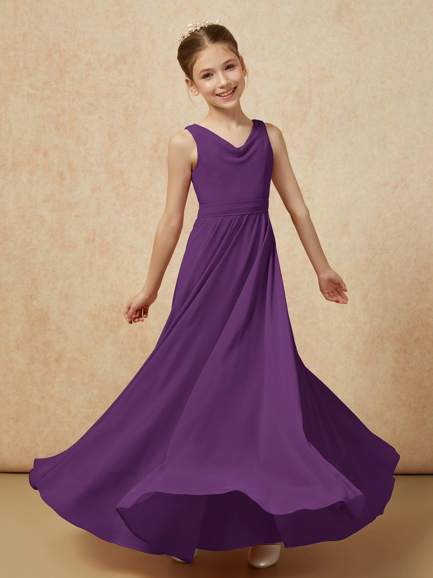 V-neck Chiffon Long Junior Bridesmaid Dress With Belt Grape - Image 6