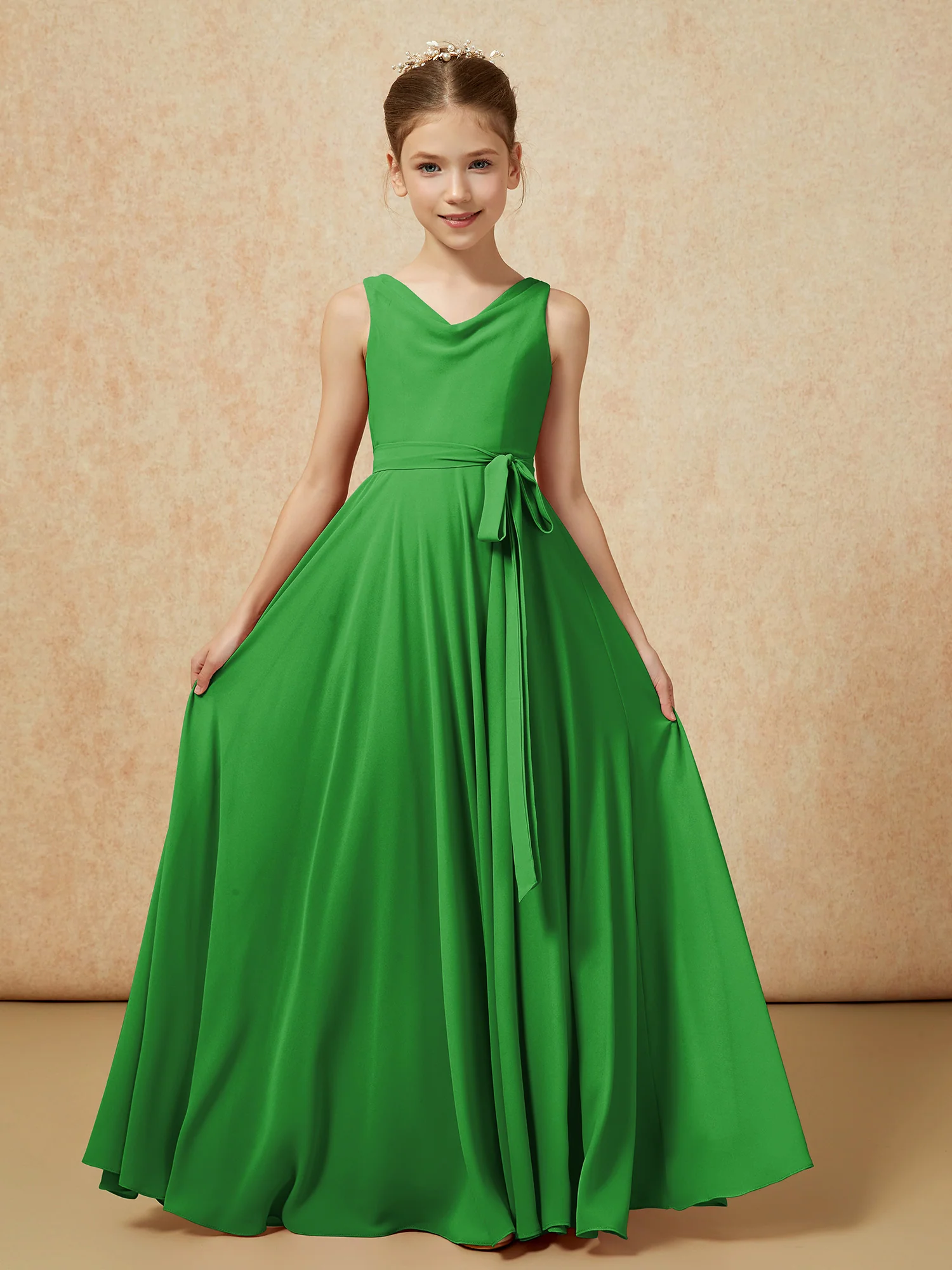 V-neck Chiffon Long Junior Bridesmaid Dress With Belt Green