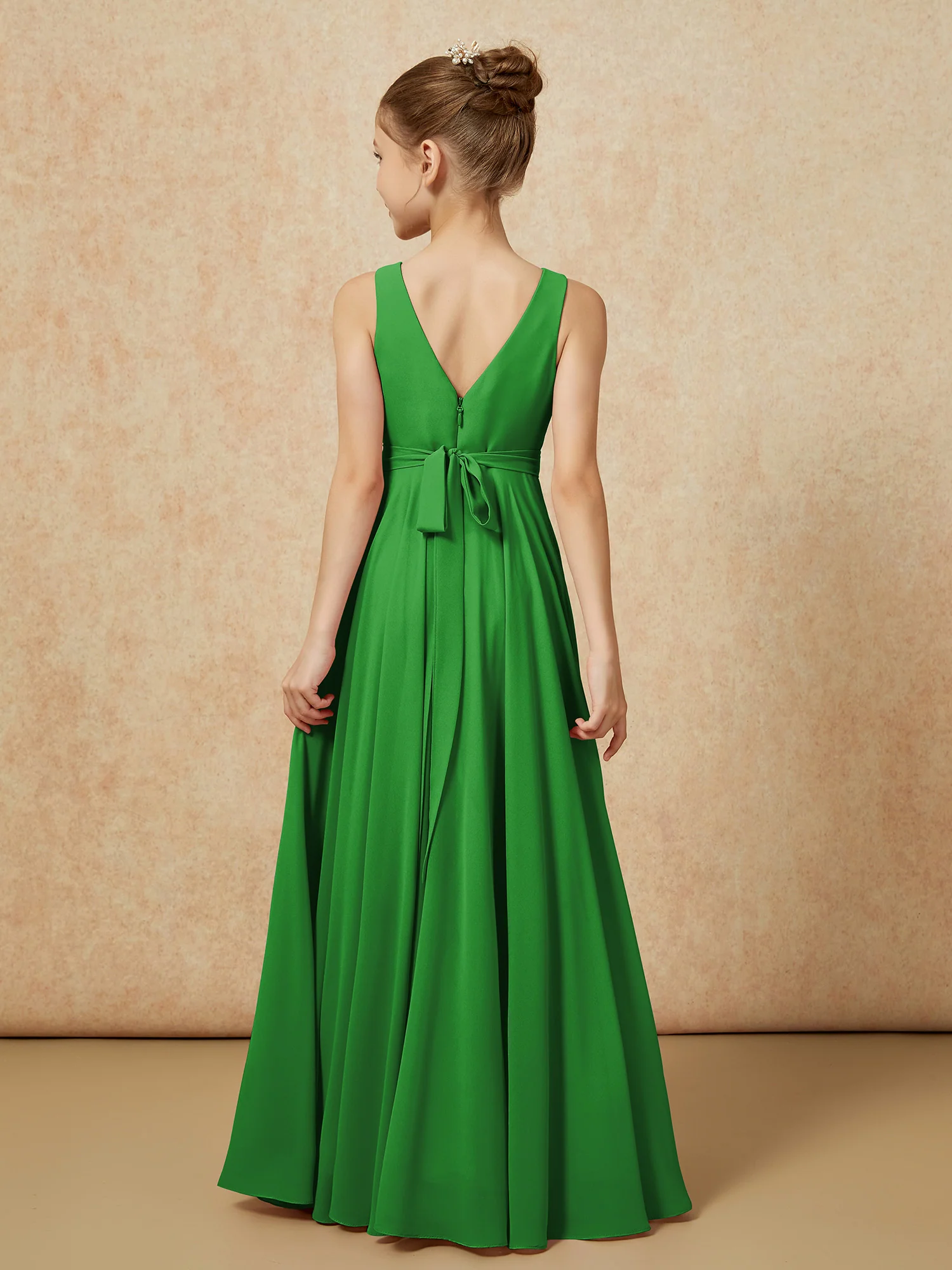 V-neck Chiffon Long Junior Bridesmaid Dress With Belt Green - Image 2