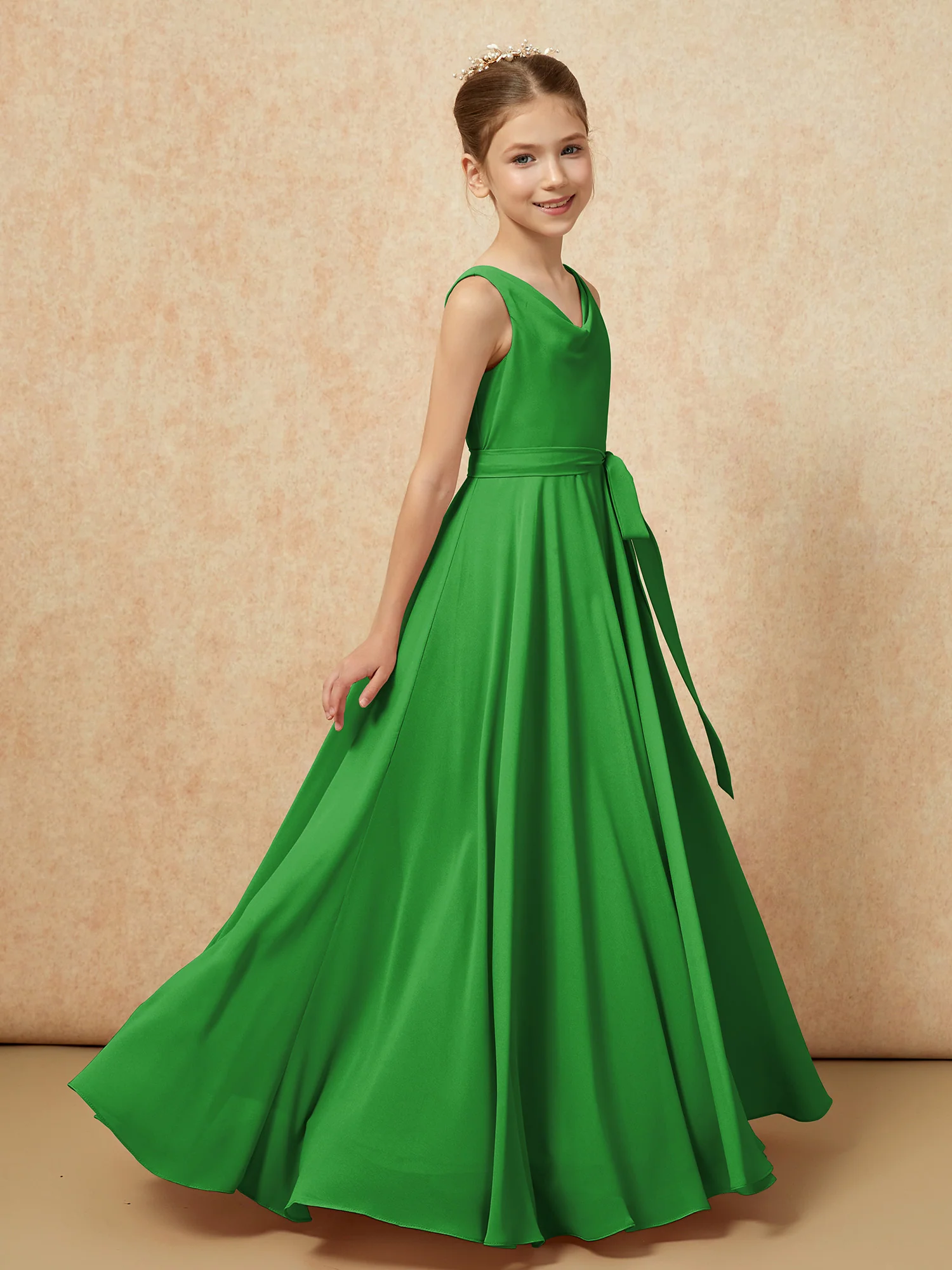 V-neck Chiffon Long Junior Bridesmaid Dress With Belt Green - Image 3