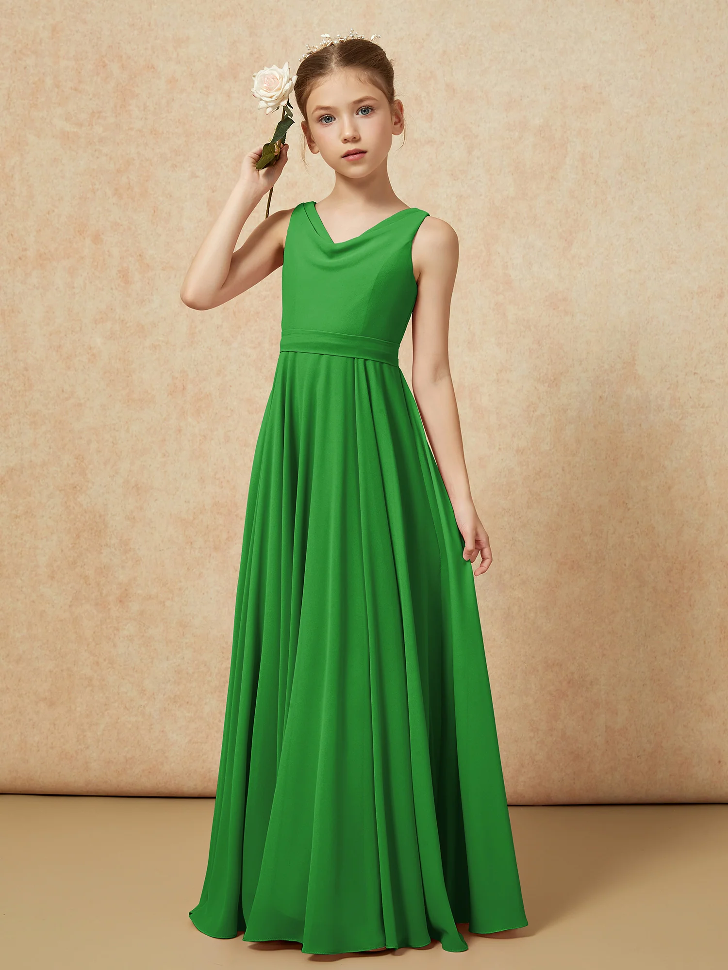 V-neck Chiffon Long Junior Bridesmaid Dress With Belt Green - Image 4
