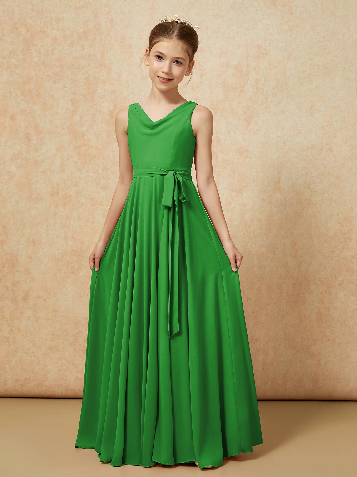 V-neck Chiffon Long Junior Bridesmaid Dress With Belt Green - Image 5