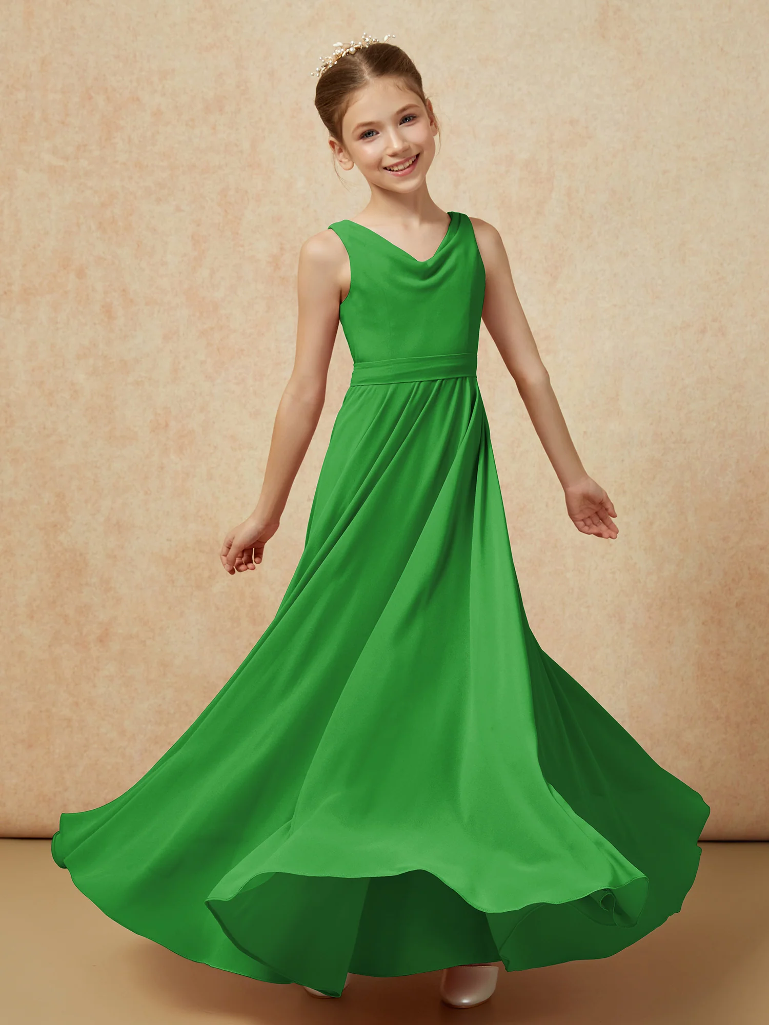 V-neck Chiffon Long Junior Bridesmaid Dress With Belt Green - Image 6