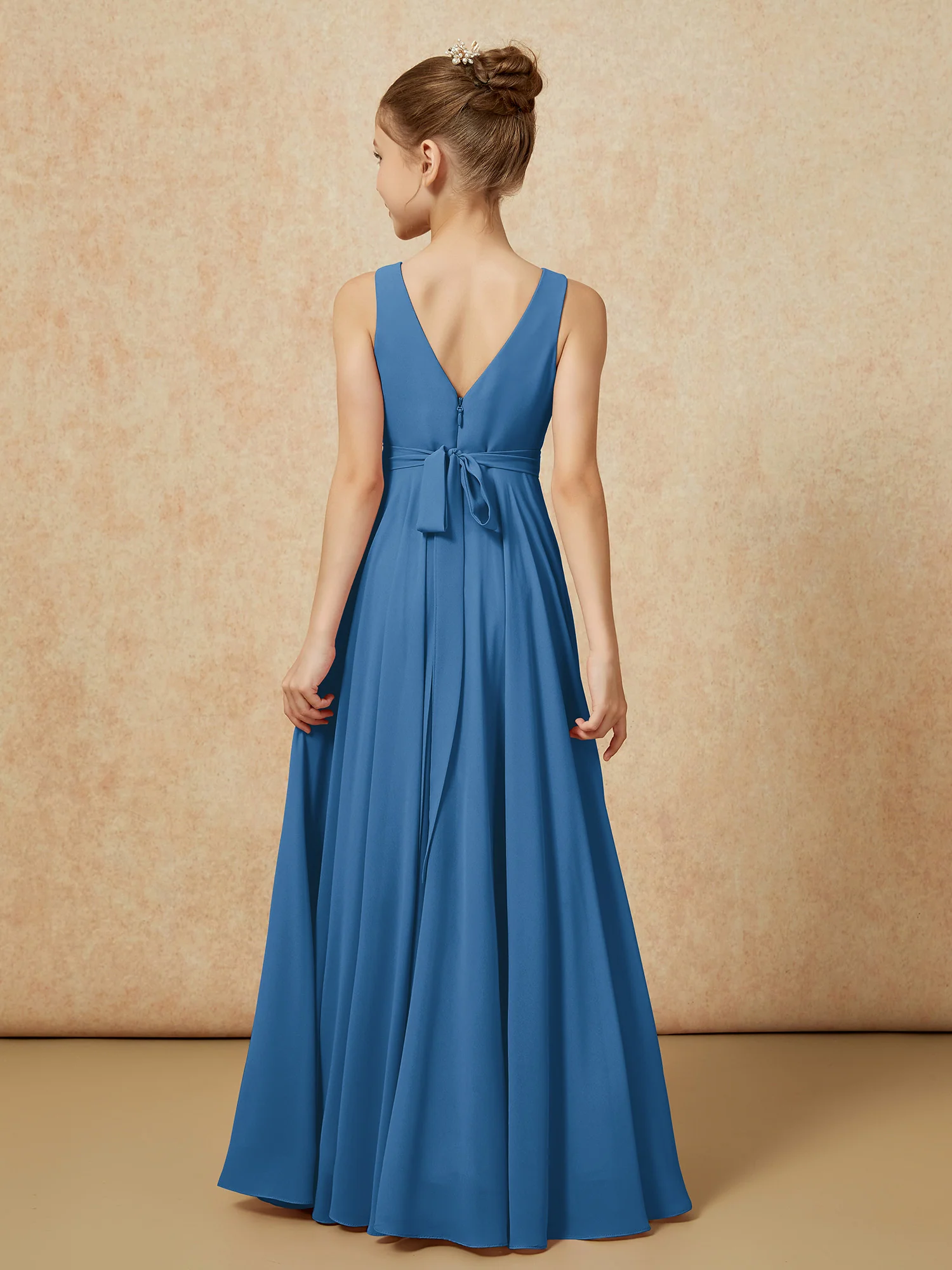 V-neck Chiffon Long Junior Bridesmaid Dress With Belt Ink Blue - Image 2