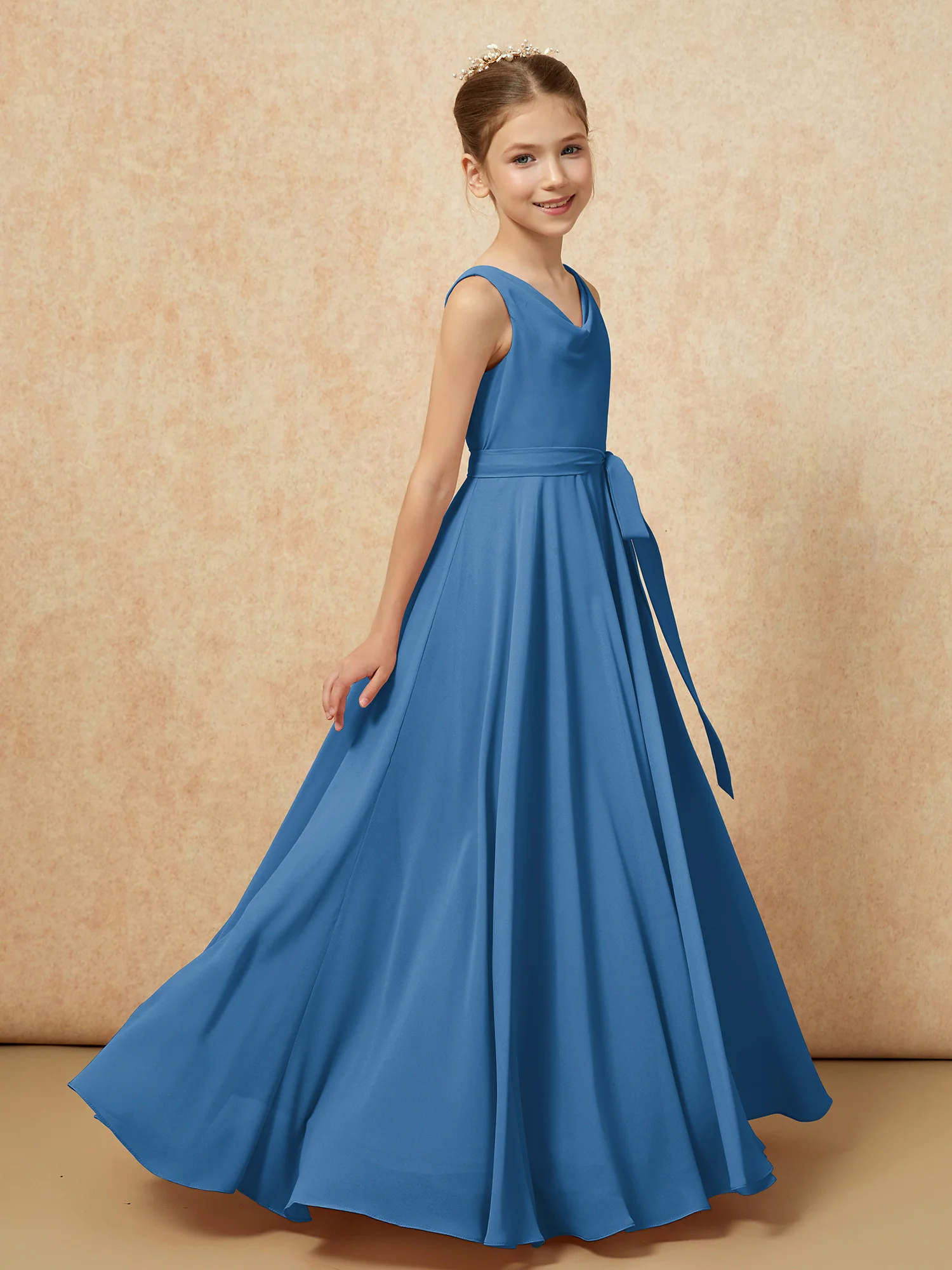 V-neck Chiffon Long Junior Bridesmaid Dress With Belt Ink Blue - Image 3