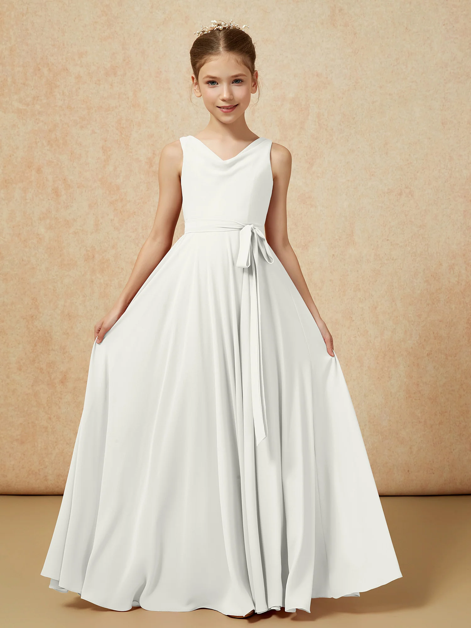 V-neck Chiffon Long Junior Bridesmaid Dress With Belt Ivory