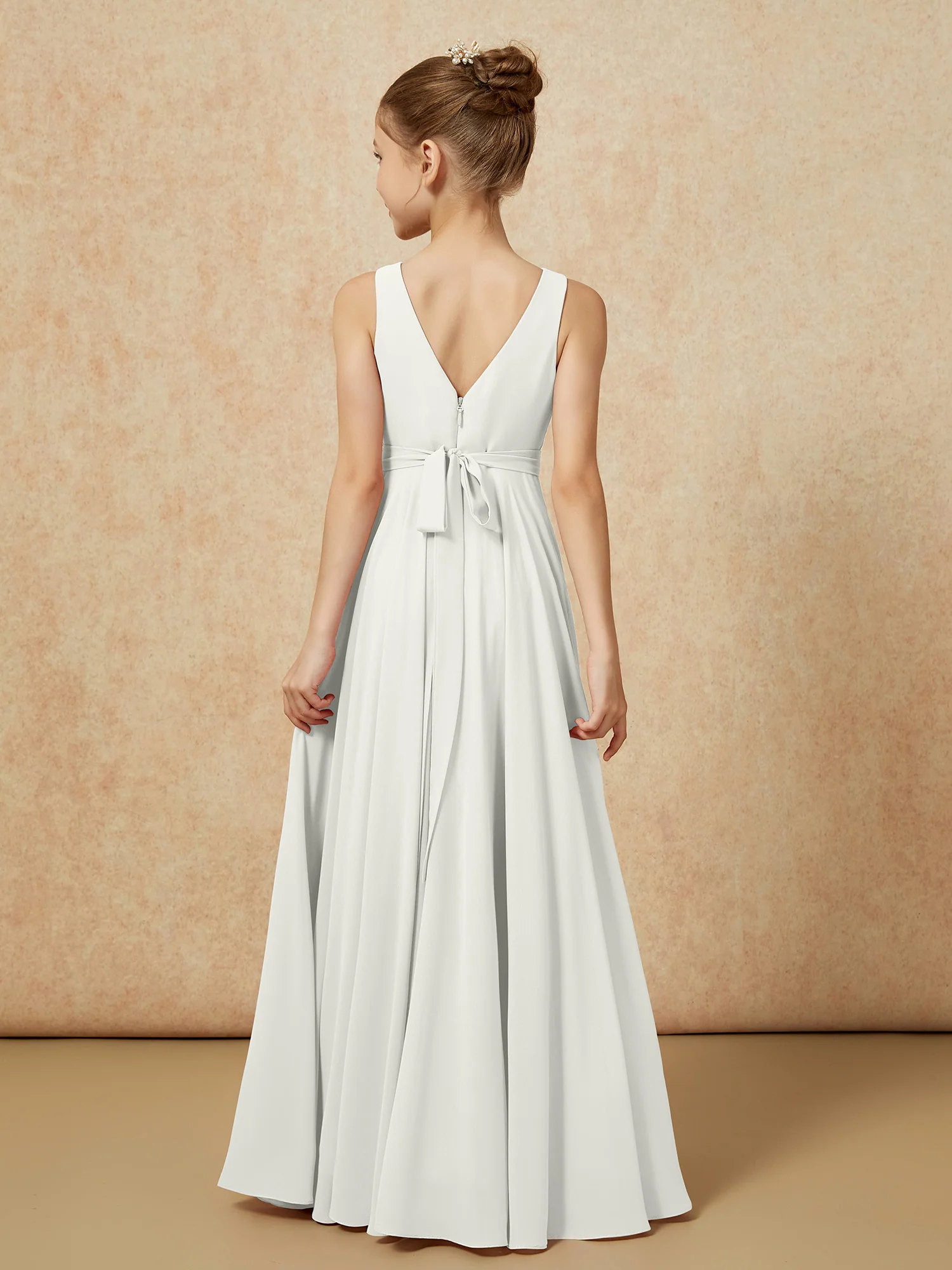 V-neck Chiffon Long Junior Bridesmaid Dress With Belt Ivory - Image 2