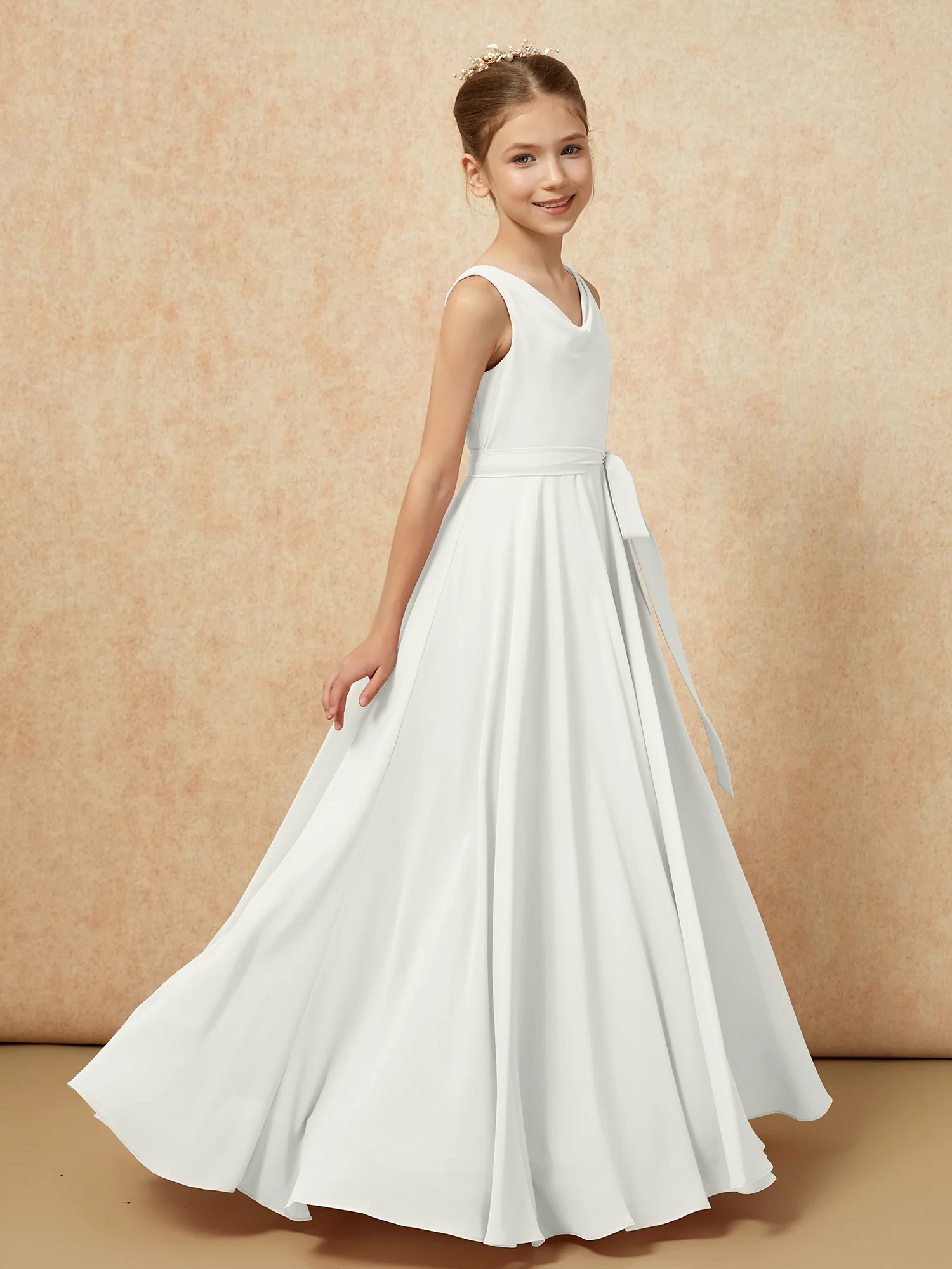 V-neck Chiffon Long Junior Bridesmaid Dress With Belt Ivory - Image 3