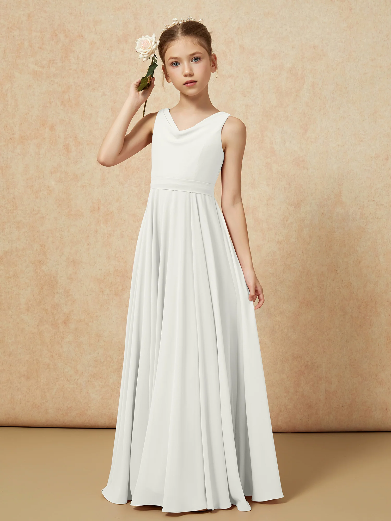 V-neck Chiffon Long Junior Bridesmaid Dress With Belt Ivory - Image 4