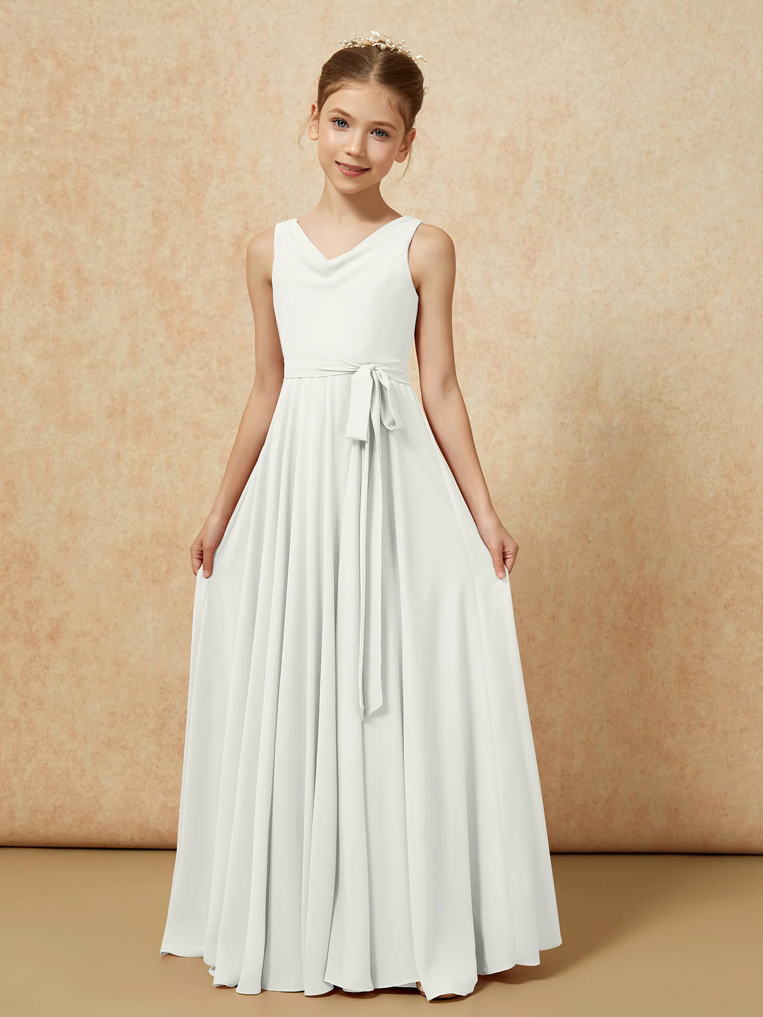 V-neck Chiffon Long Junior Bridesmaid Dress With Belt Ivory - Image 5