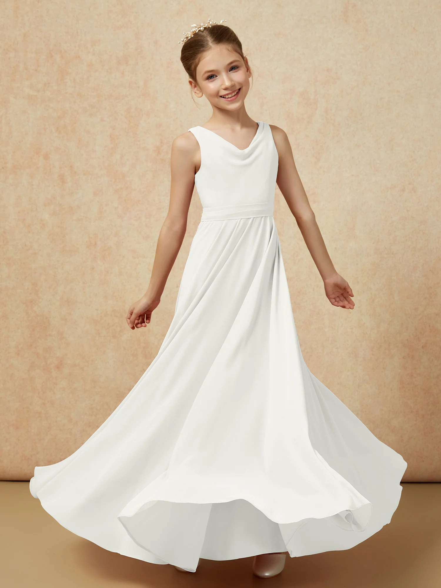V-neck Chiffon Long Junior Bridesmaid Dress With Belt Ivory - Image 6