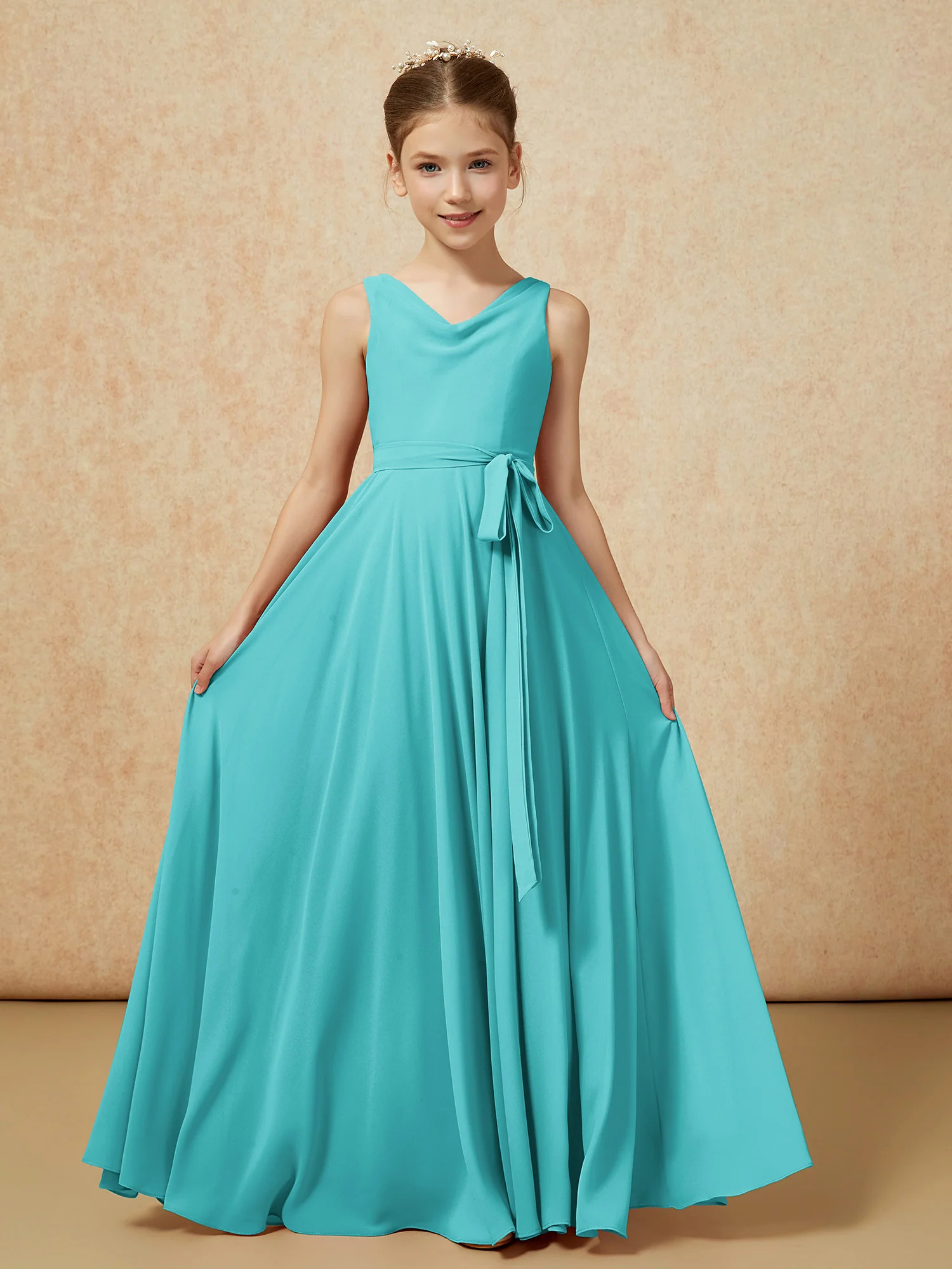 V-neck Chiffon Long Junior Bridesmaid Dress With Belt Jade
