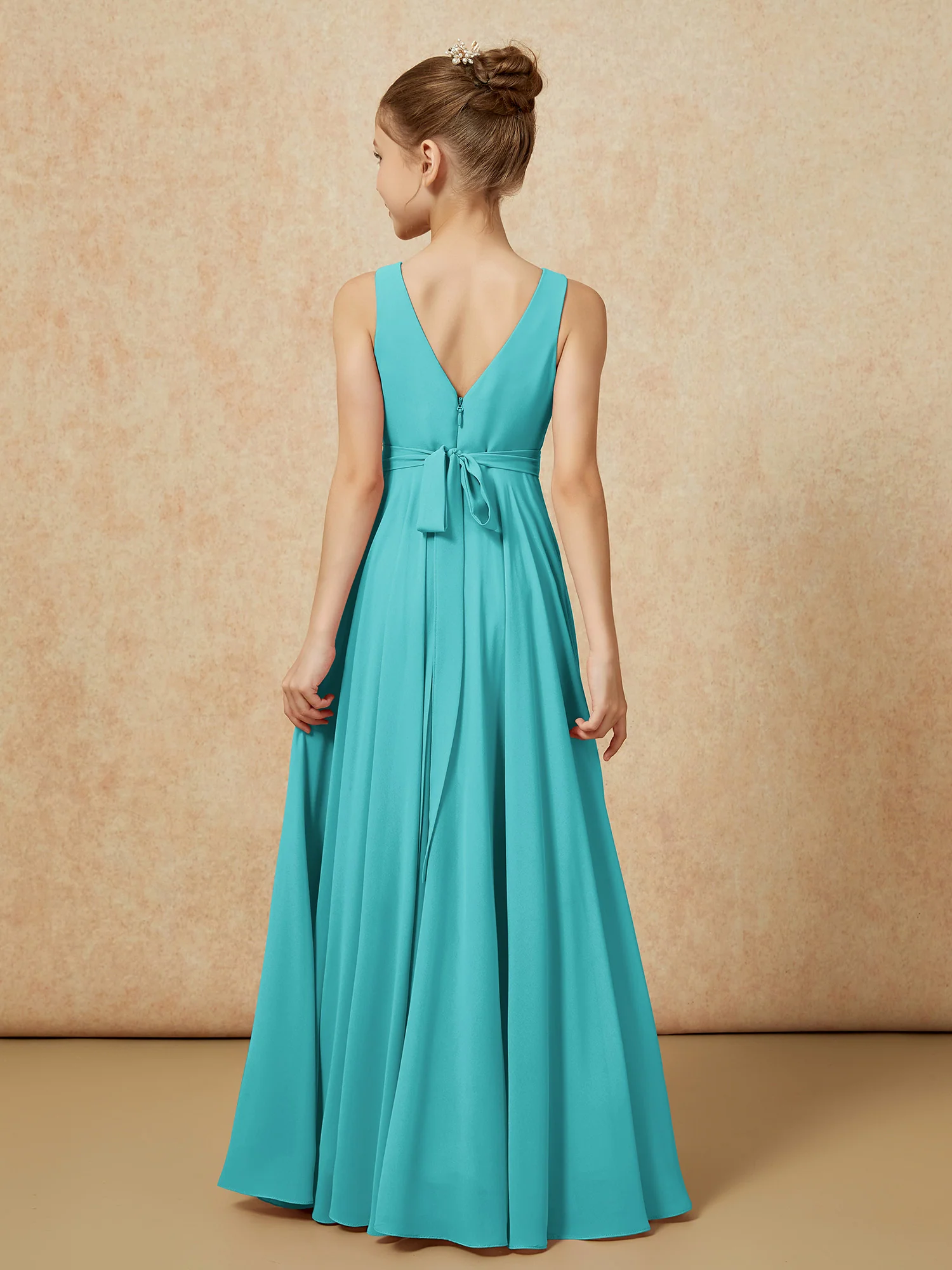 V-neck Chiffon Long Junior Bridesmaid Dress With Belt Jade - Image 2