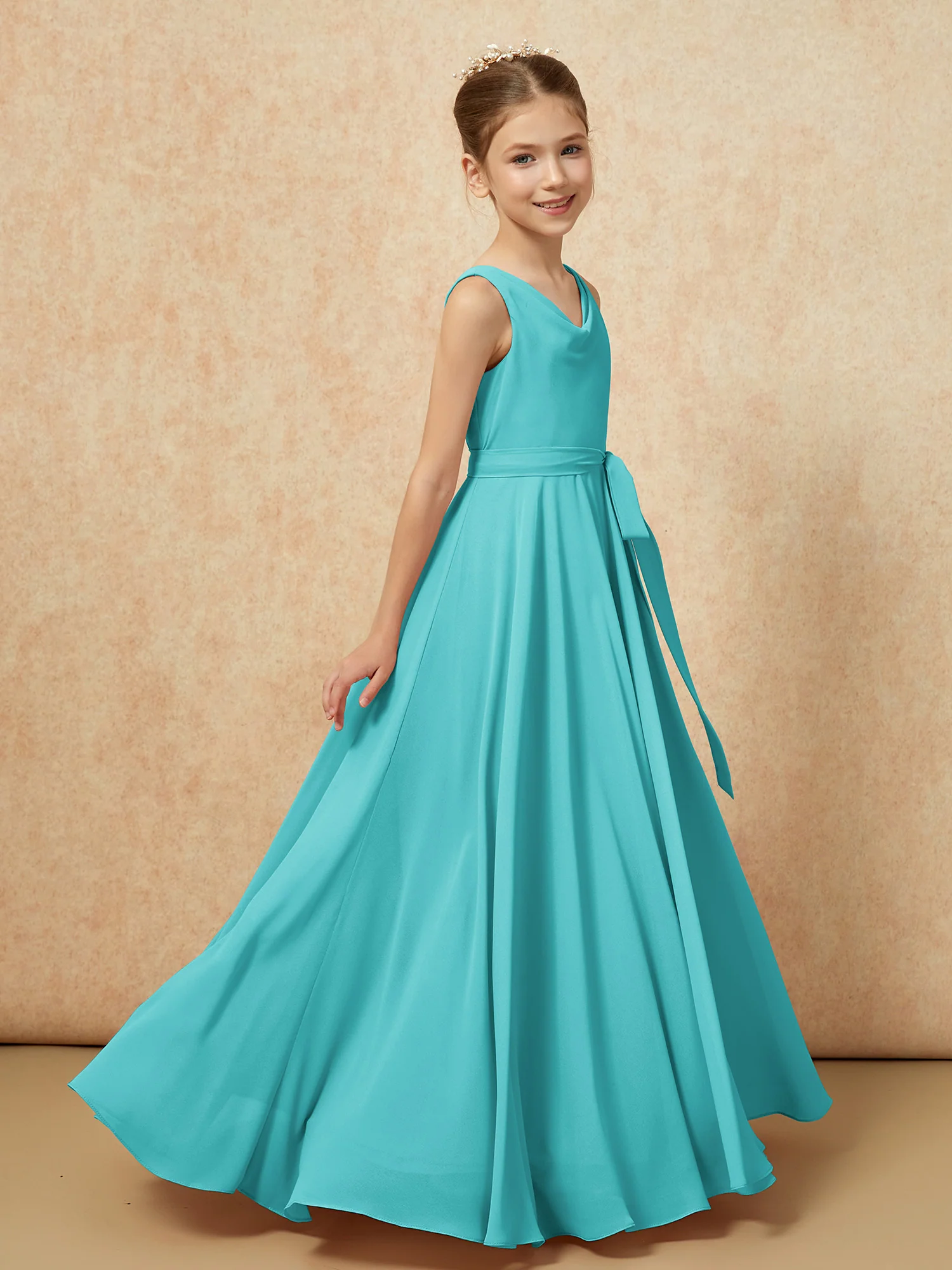 V-neck Chiffon Long Junior Bridesmaid Dress With Belt Jade - Image 3