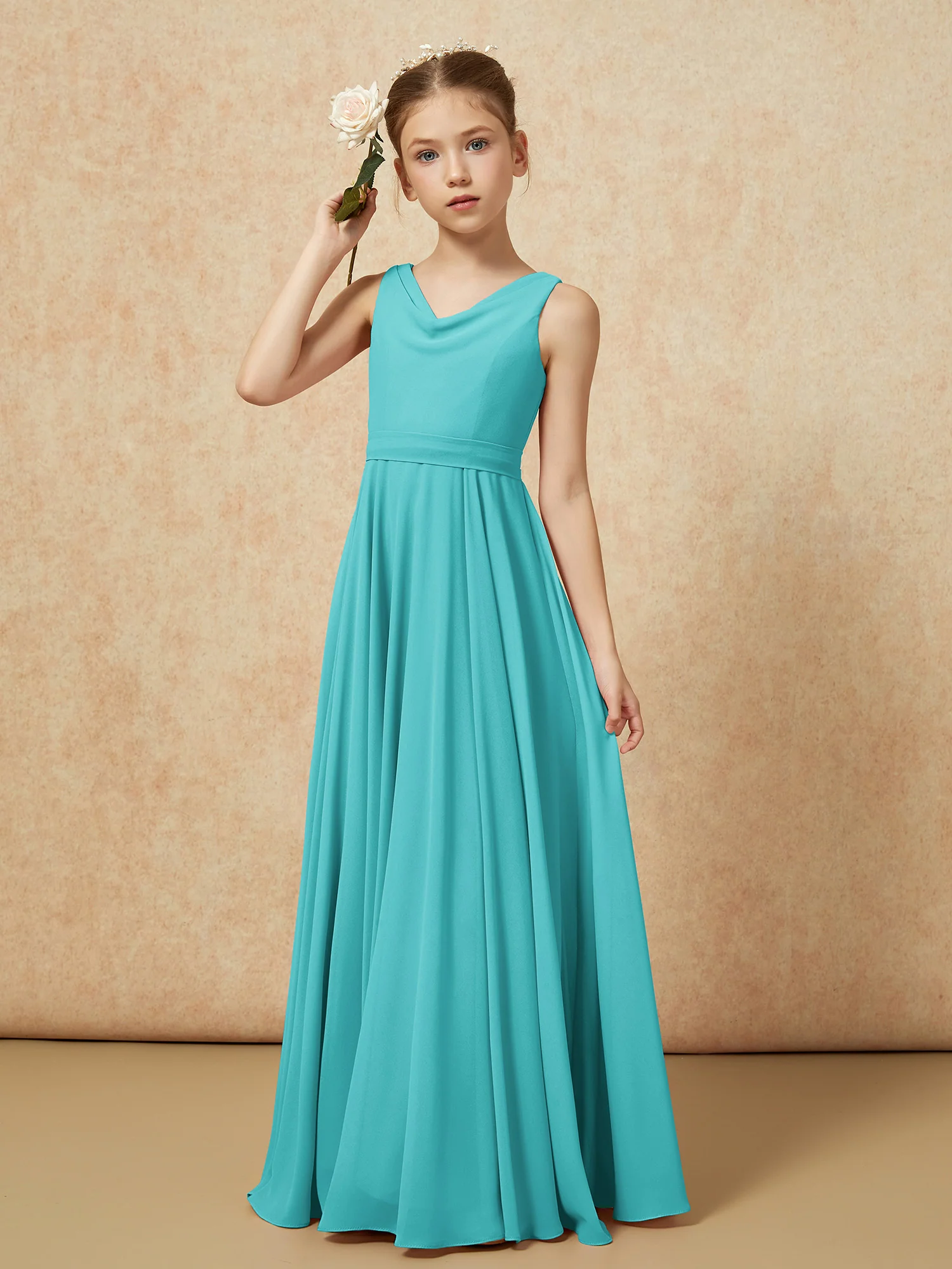 V-neck Chiffon Long Junior Bridesmaid Dress With Belt Jade - Image 4