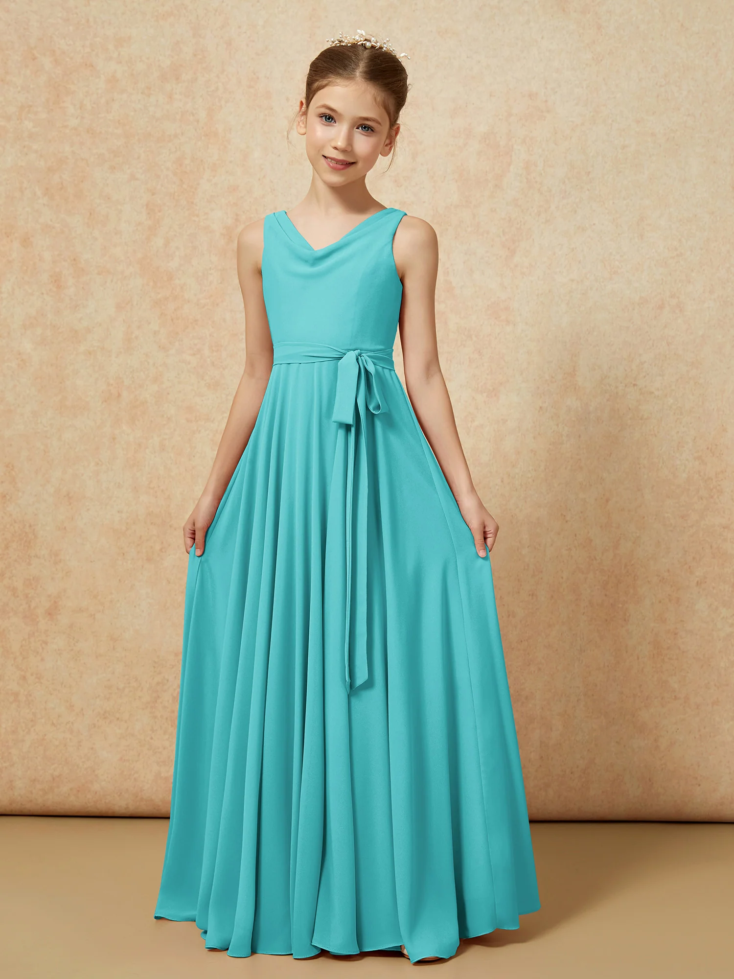 V-neck Chiffon Long Junior Bridesmaid Dress With Belt Jade - Image 5