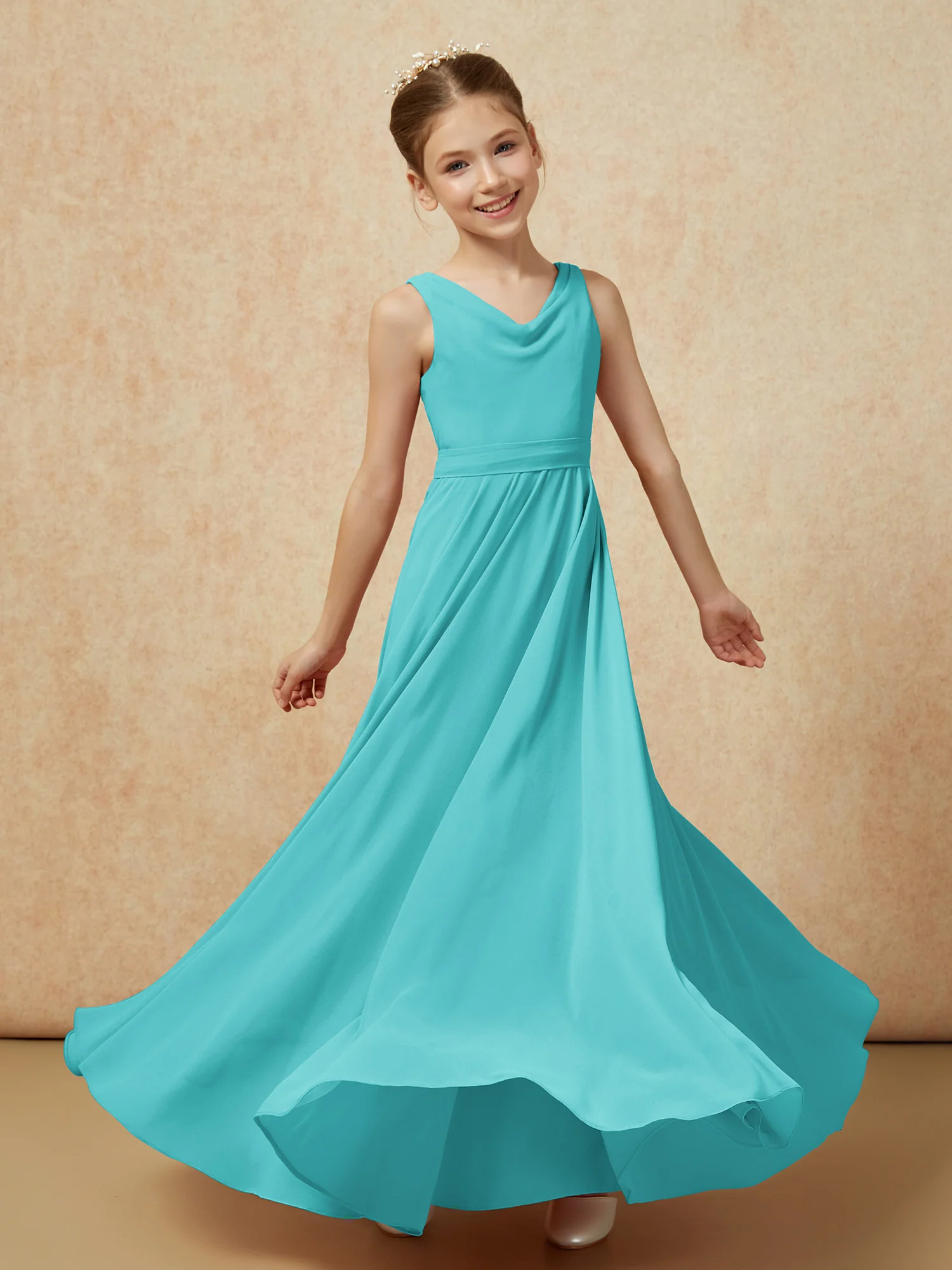V-neck Chiffon Long Junior Bridesmaid Dress With Belt Jade - Image 6