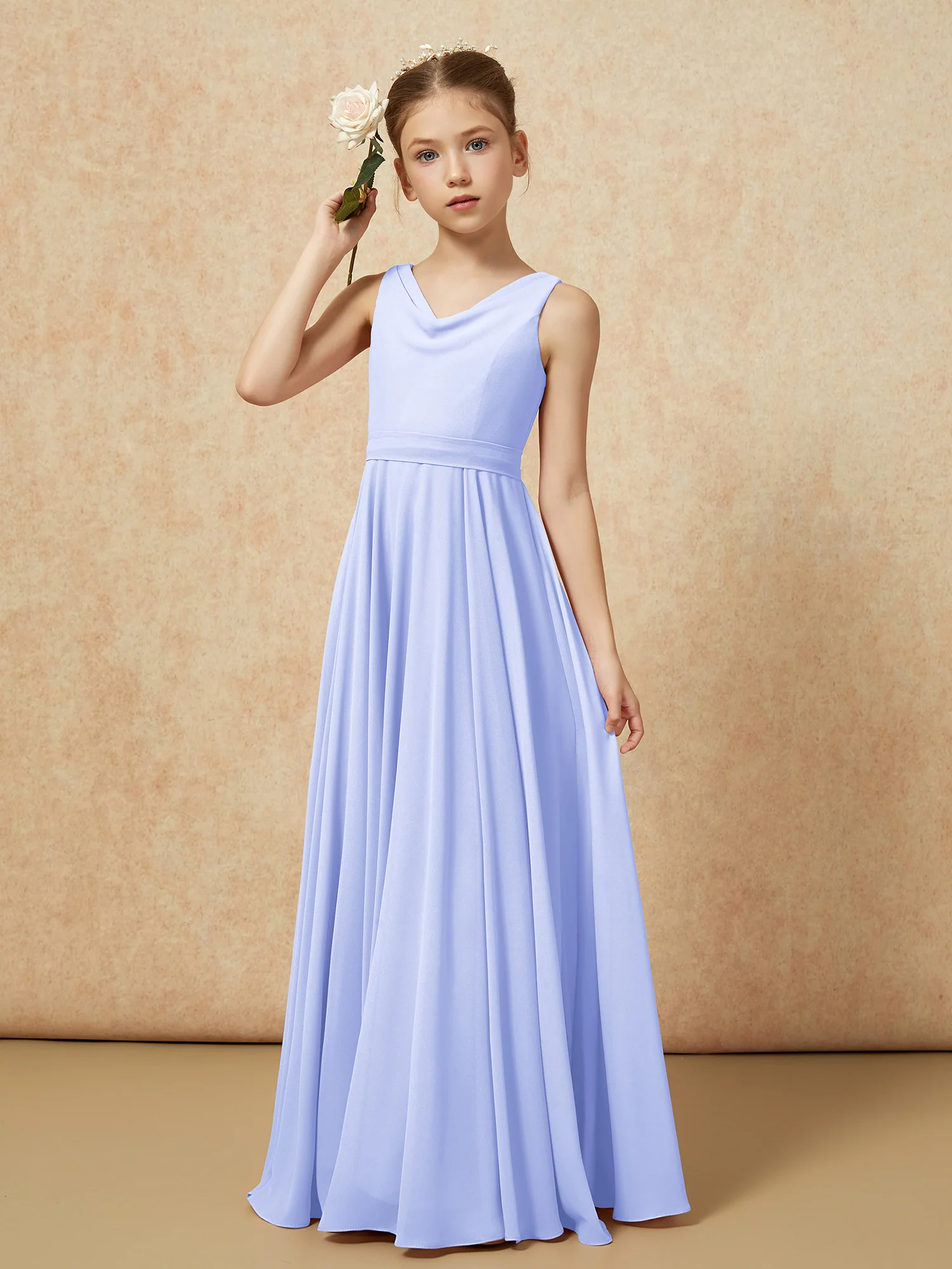 V-neck Chiffon Long Junior Bridesmaid Dress With Belt Lavender - Image 4