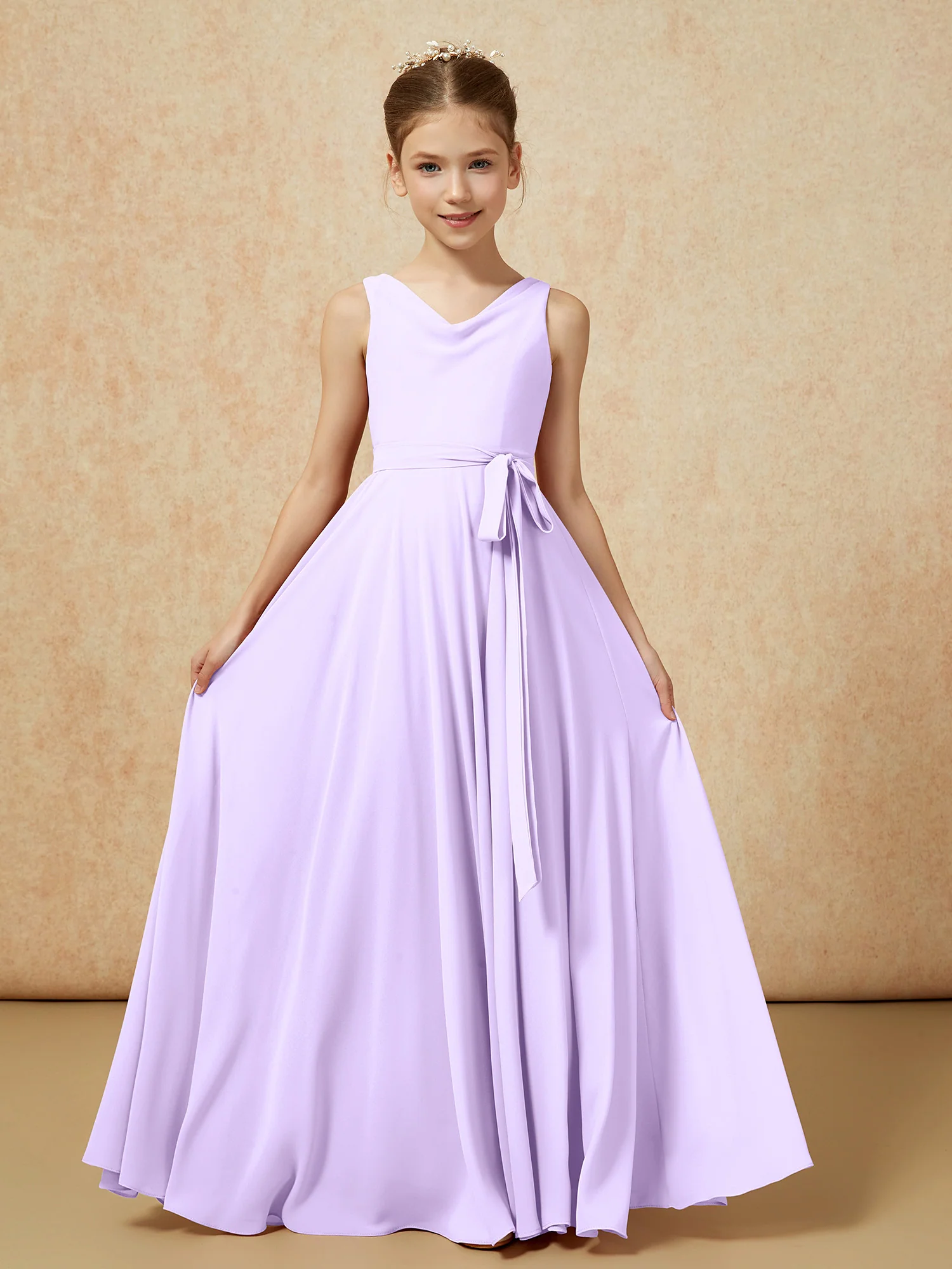 V-neck Chiffon Long Junior Bridesmaid Dress With Belt Lilac