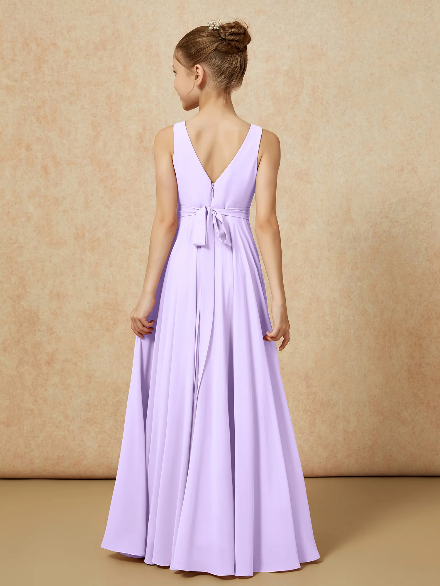 V-neck Chiffon Long Junior Bridesmaid Dress With Belt Lilac - Image 2