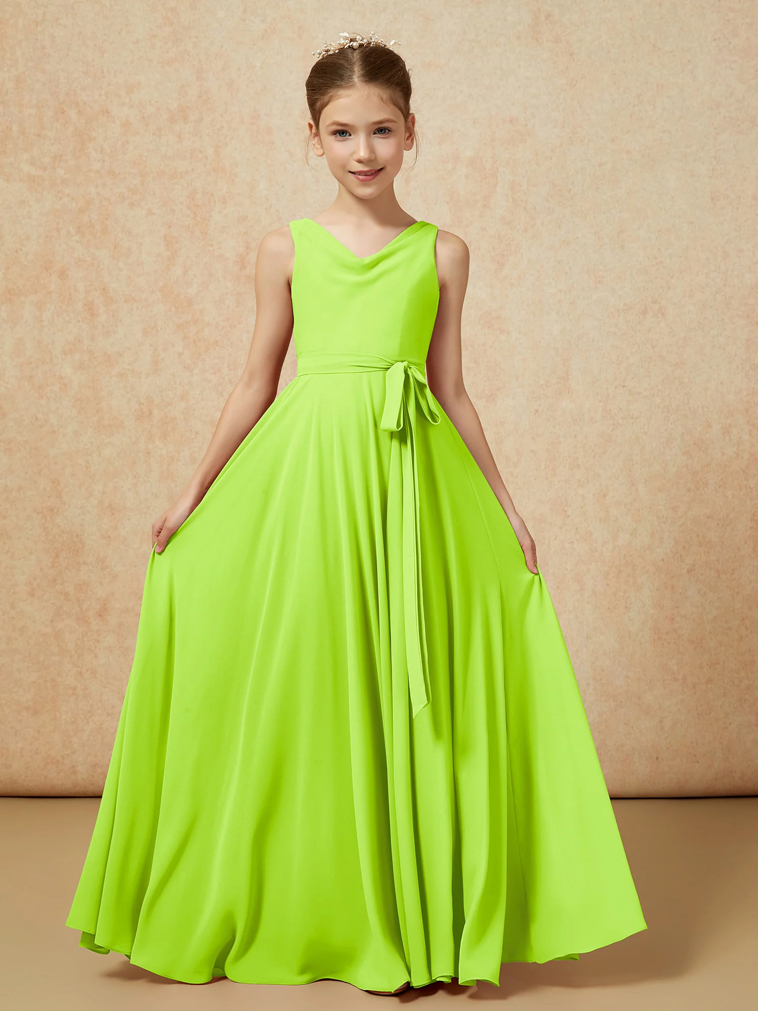V-neck Chiffon Long Junior Bridesmaid Dress With Belt Lime Green