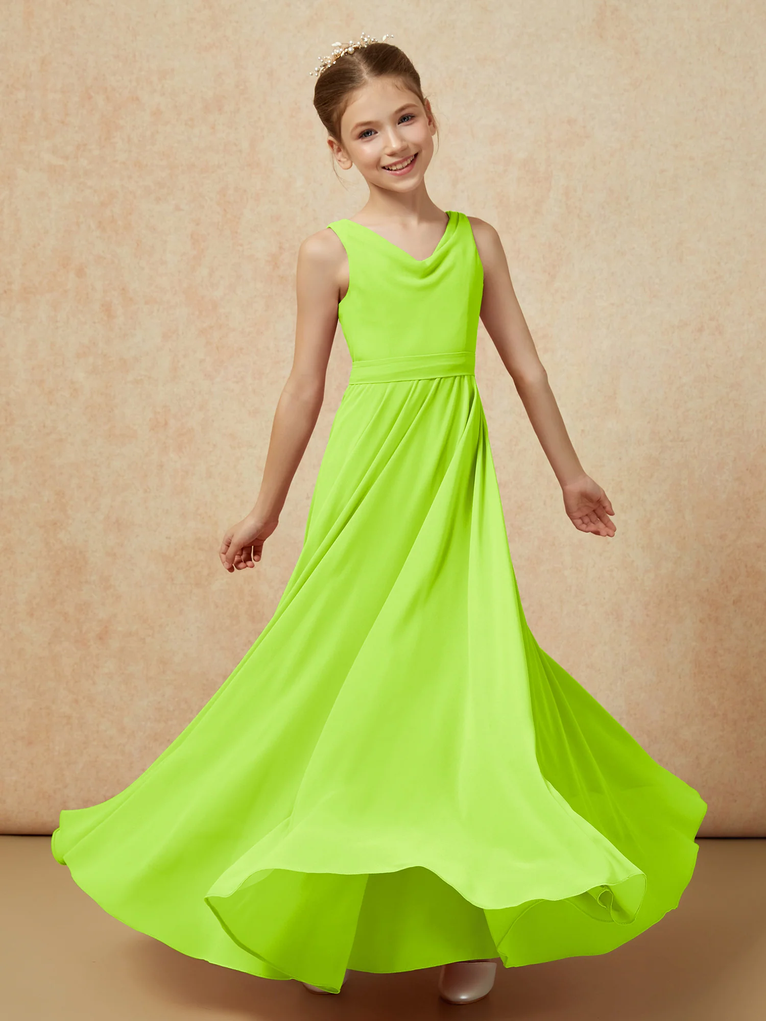 V-neck Chiffon Long Junior Bridesmaid Dress With Belt Lime Green - Image 6