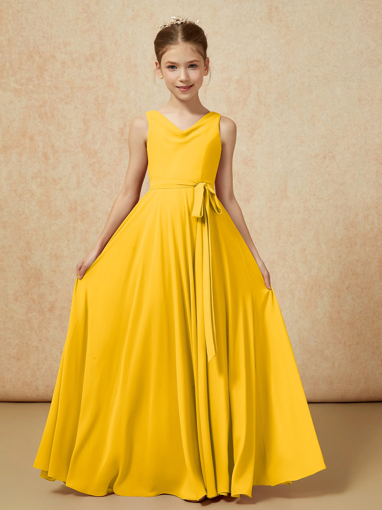 V-neck Chiffon Long Junior Bridesmaid Dress With Belt Marigold