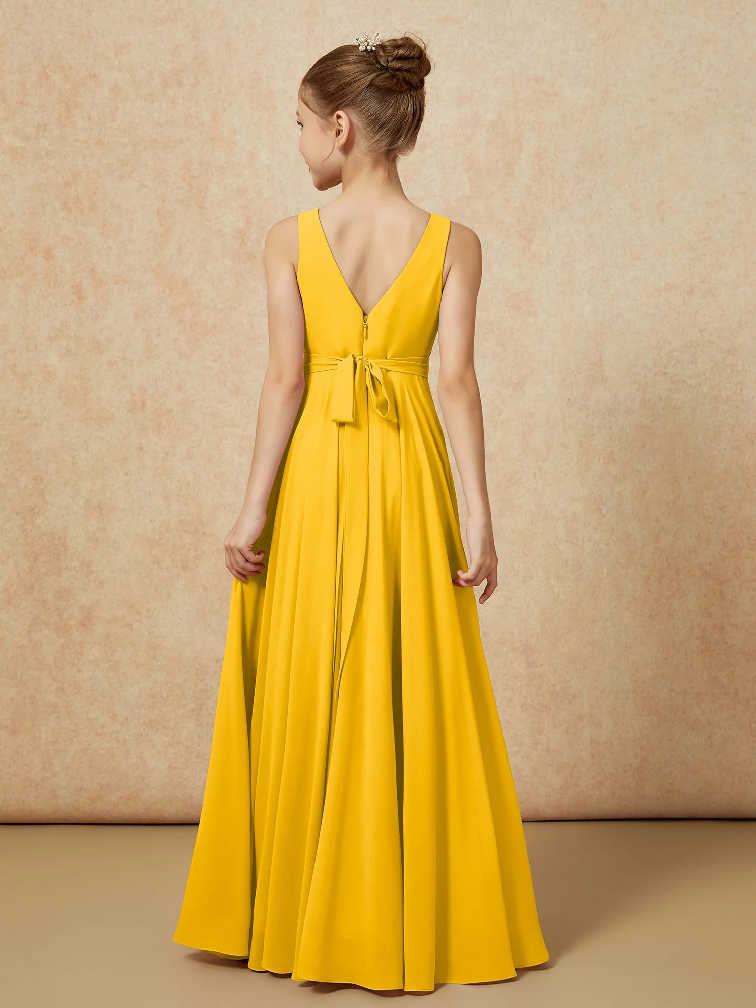 V-neck Chiffon Long Junior Bridesmaid Dress With Belt Marigold - Image 2
