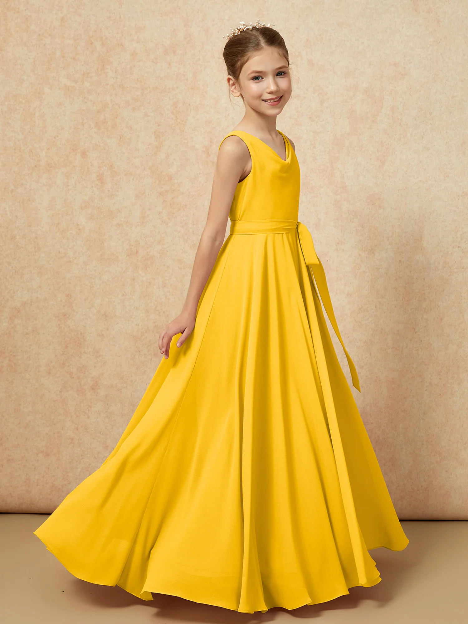 V-neck Chiffon Long Junior Bridesmaid Dress With Belt Marigold - Image 3