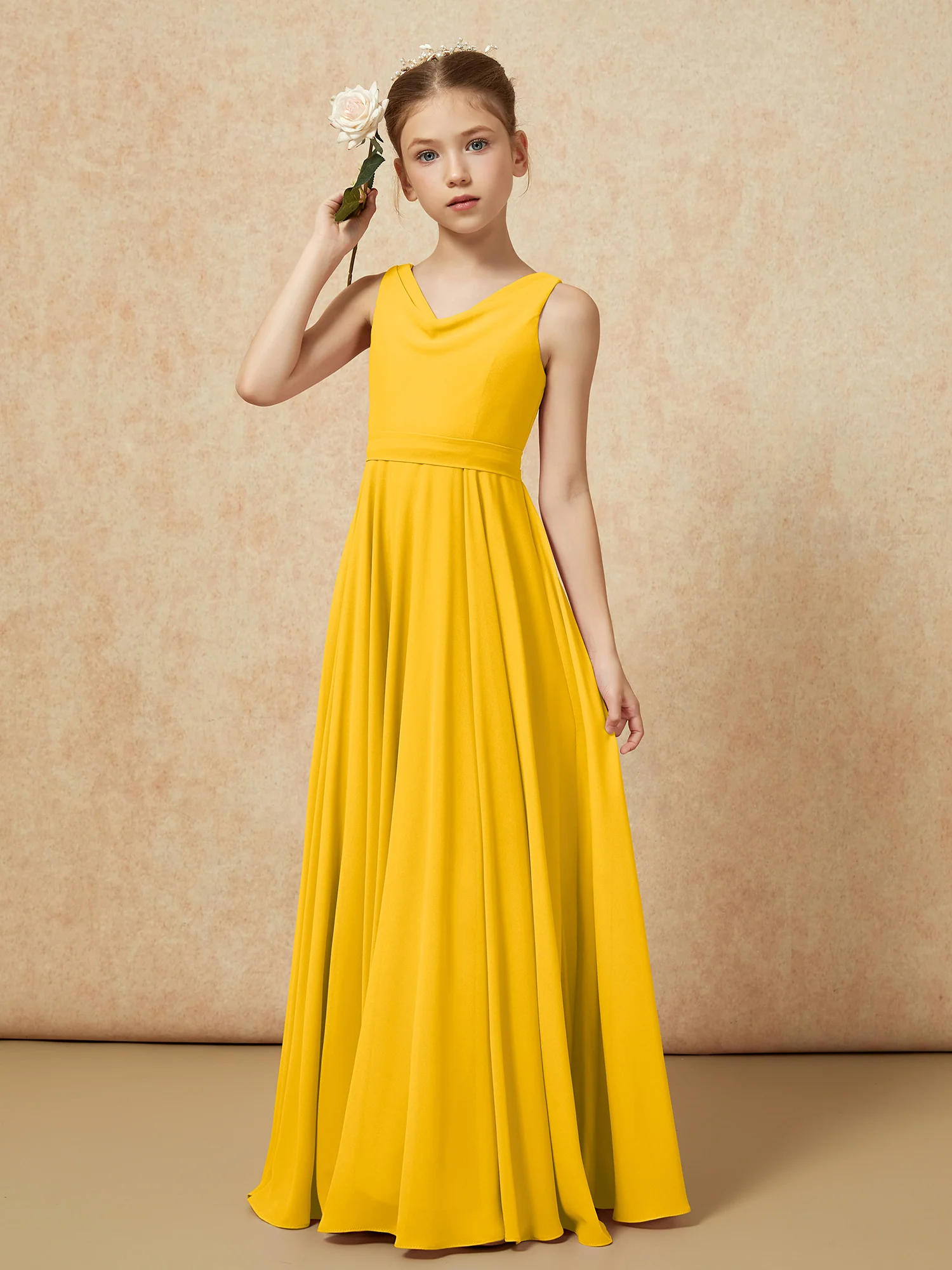 V-neck Chiffon Long Junior Bridesmaid Dress With Belt Marigold - Image 4