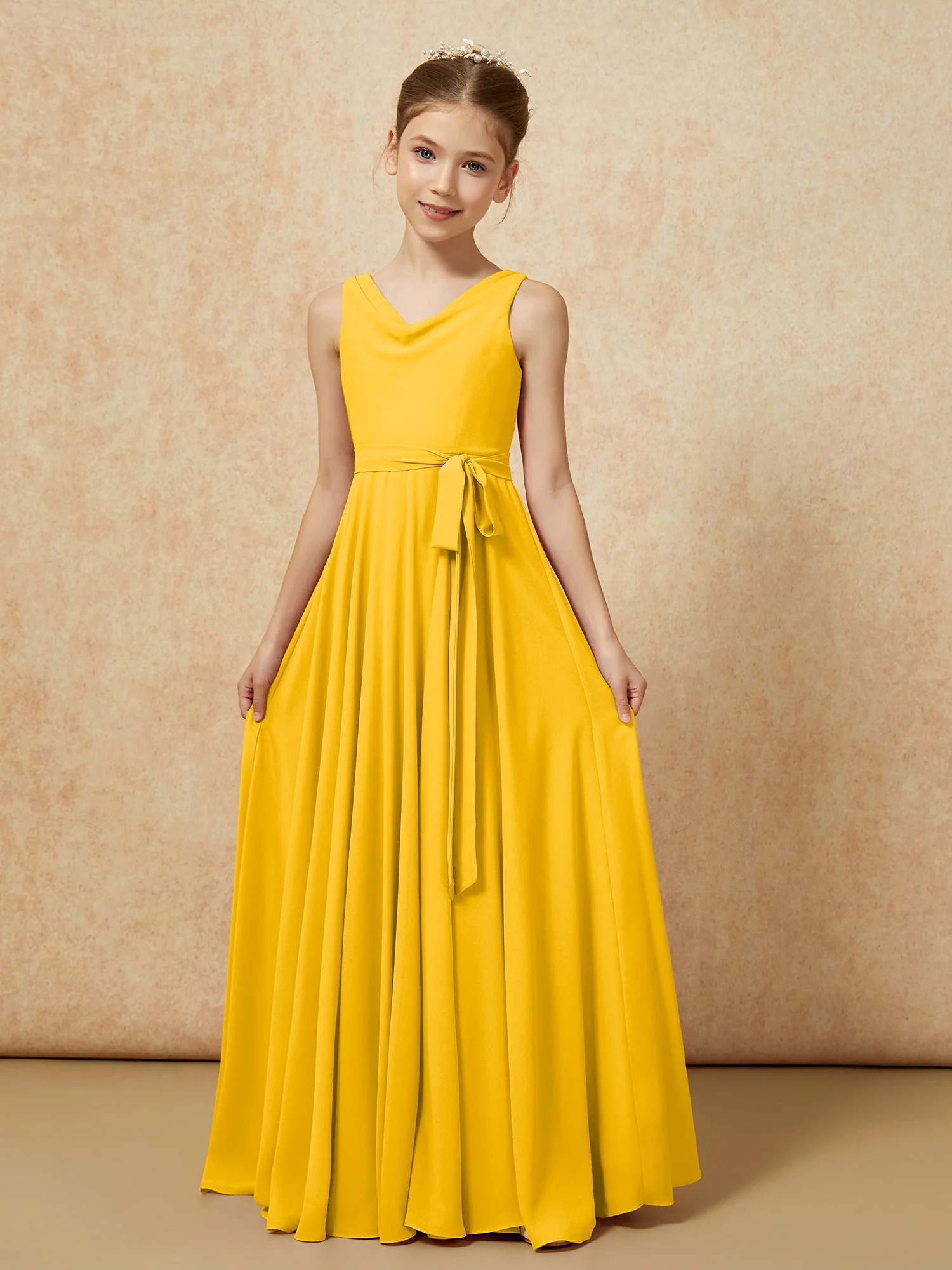 V-neck Chiffon Long Junior Bridesmaid Dress With Belt Marigold - Image 5